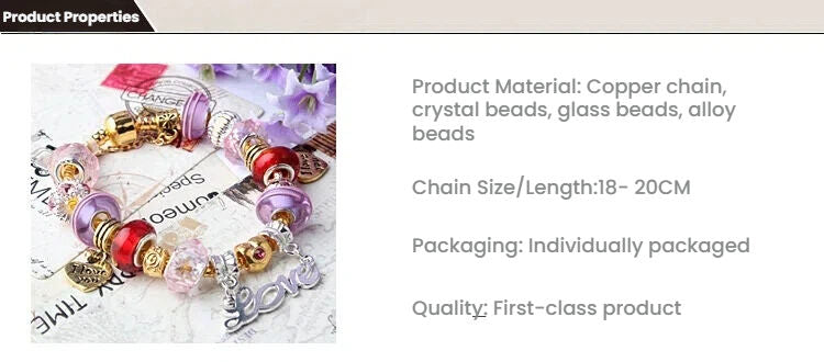 Love-Themed Beaded Bracelet with Crystal & Letter Pendant(18cm)