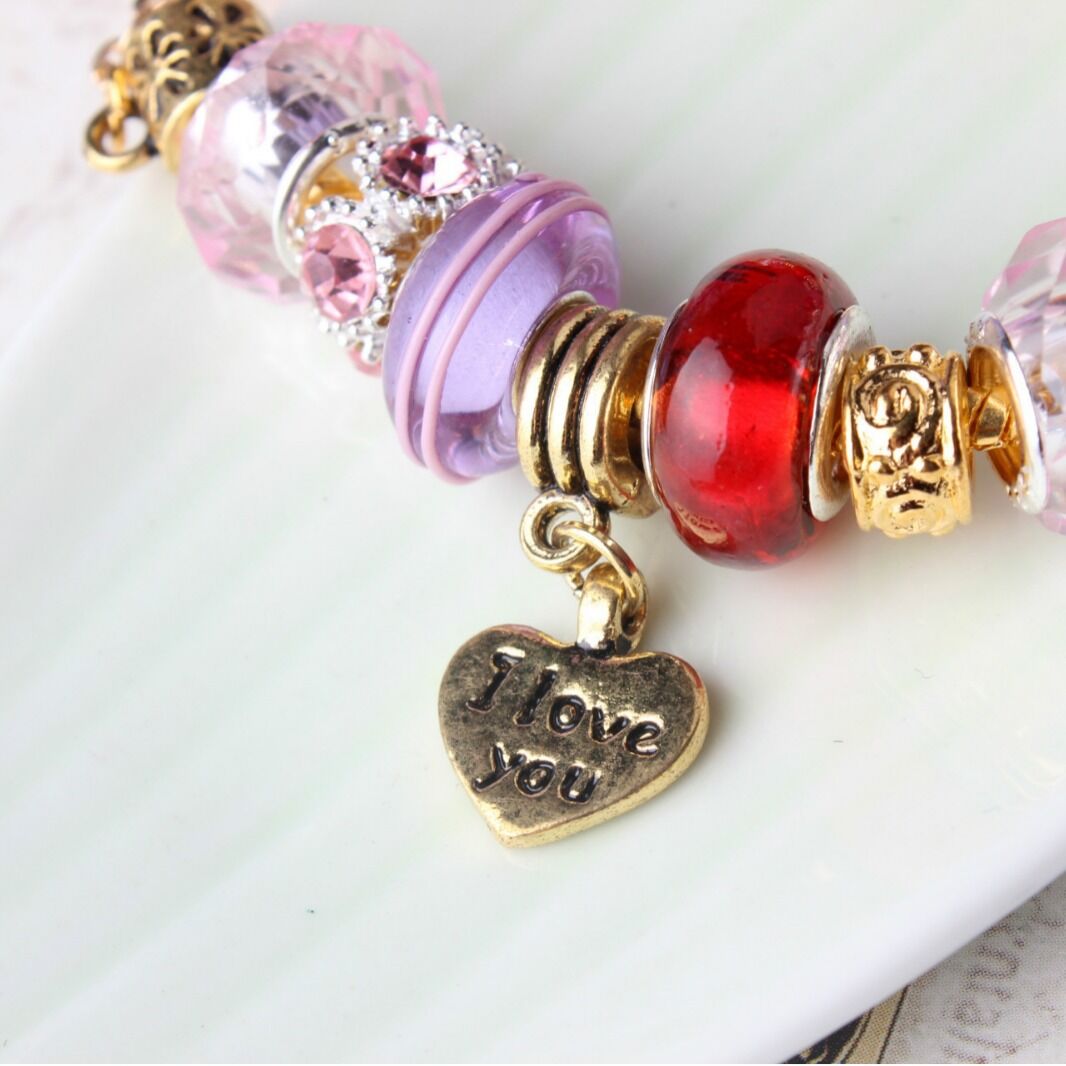 Love-Themed Beaded Bracelet with Crystal & Letter Pendant(18cm)