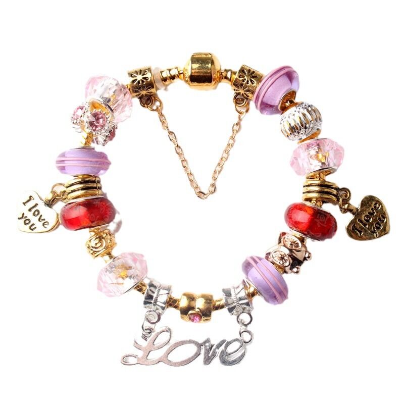 Love-Themed Beaded Bracelet with Crystal &amp; Letter Pendant(20cm)