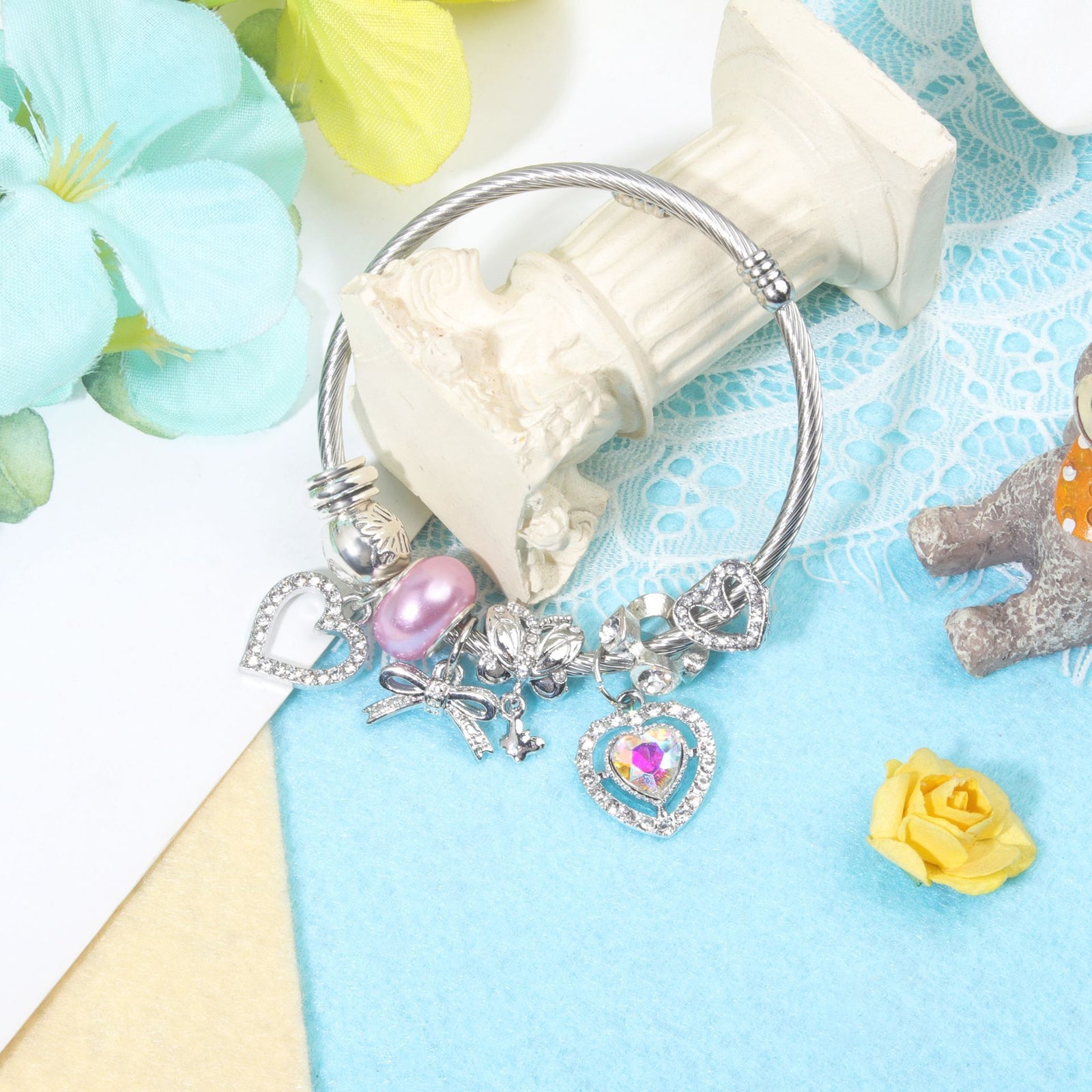 Cute Heart-shaped Beaded Bracelet with Rhinestones(20cm)