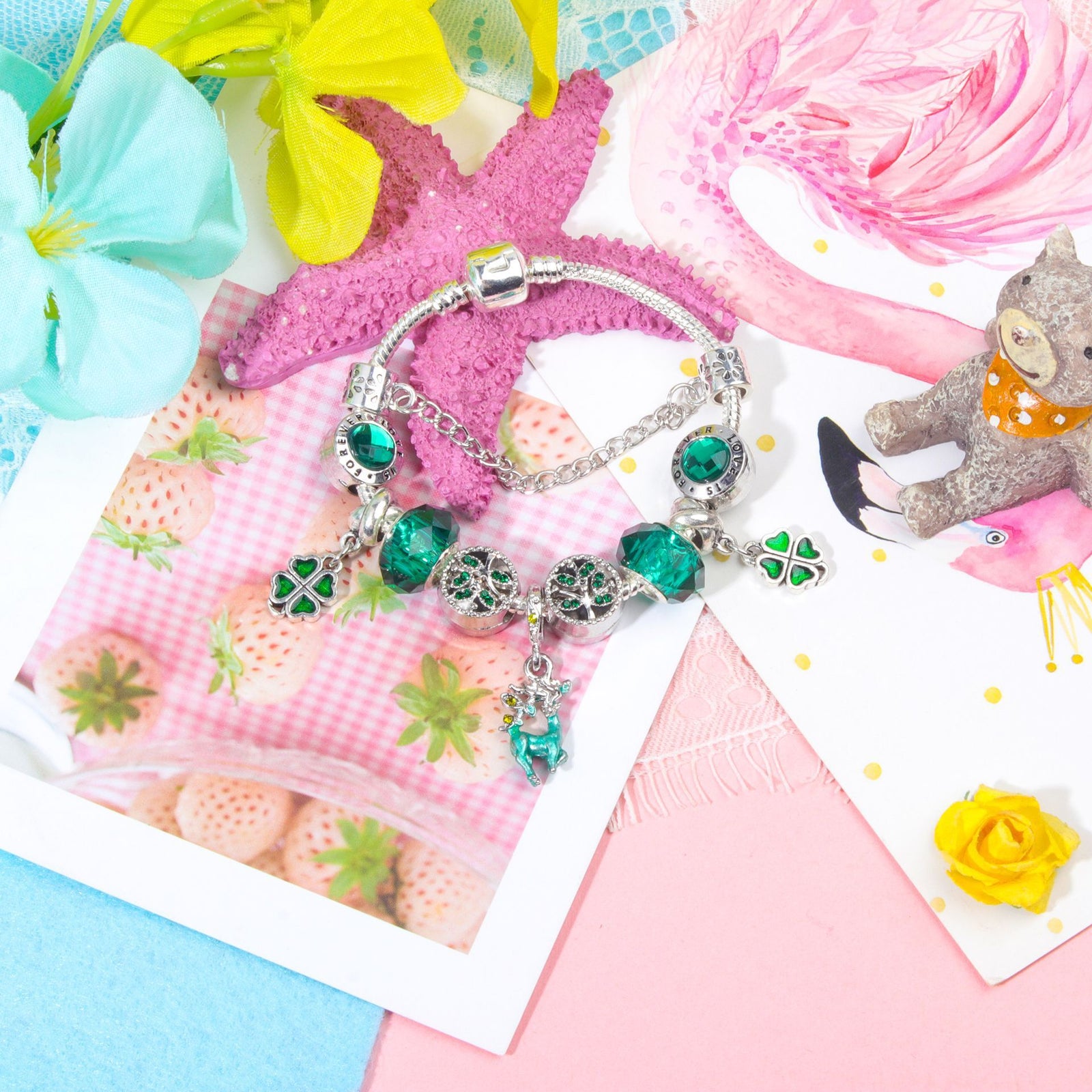 Colorful Cat Eye Glass Bead Clover Pendant Bracelet(18cm)