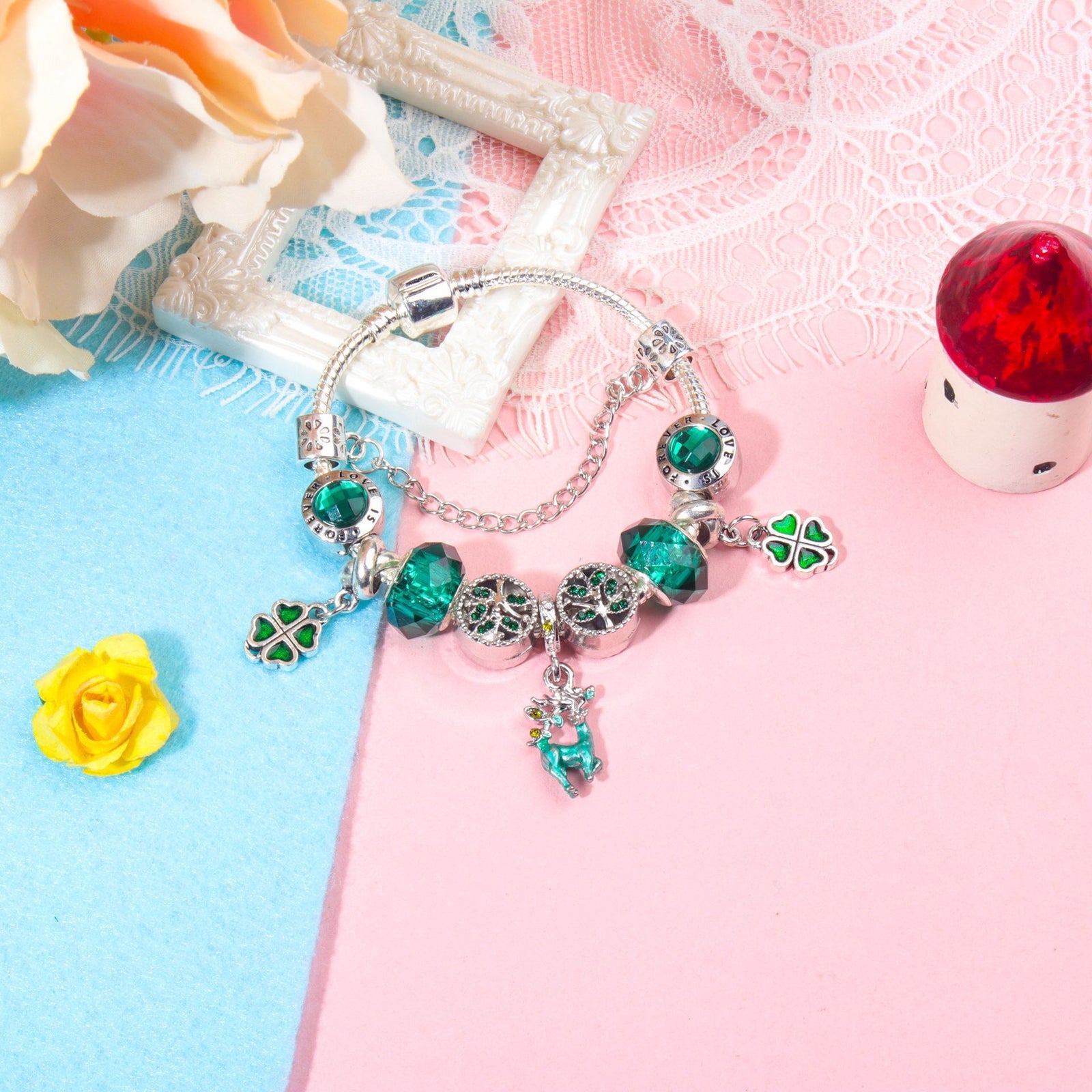 Colorful Cat Eye Glass Bead Clover Pendant Bracelet(19cm)