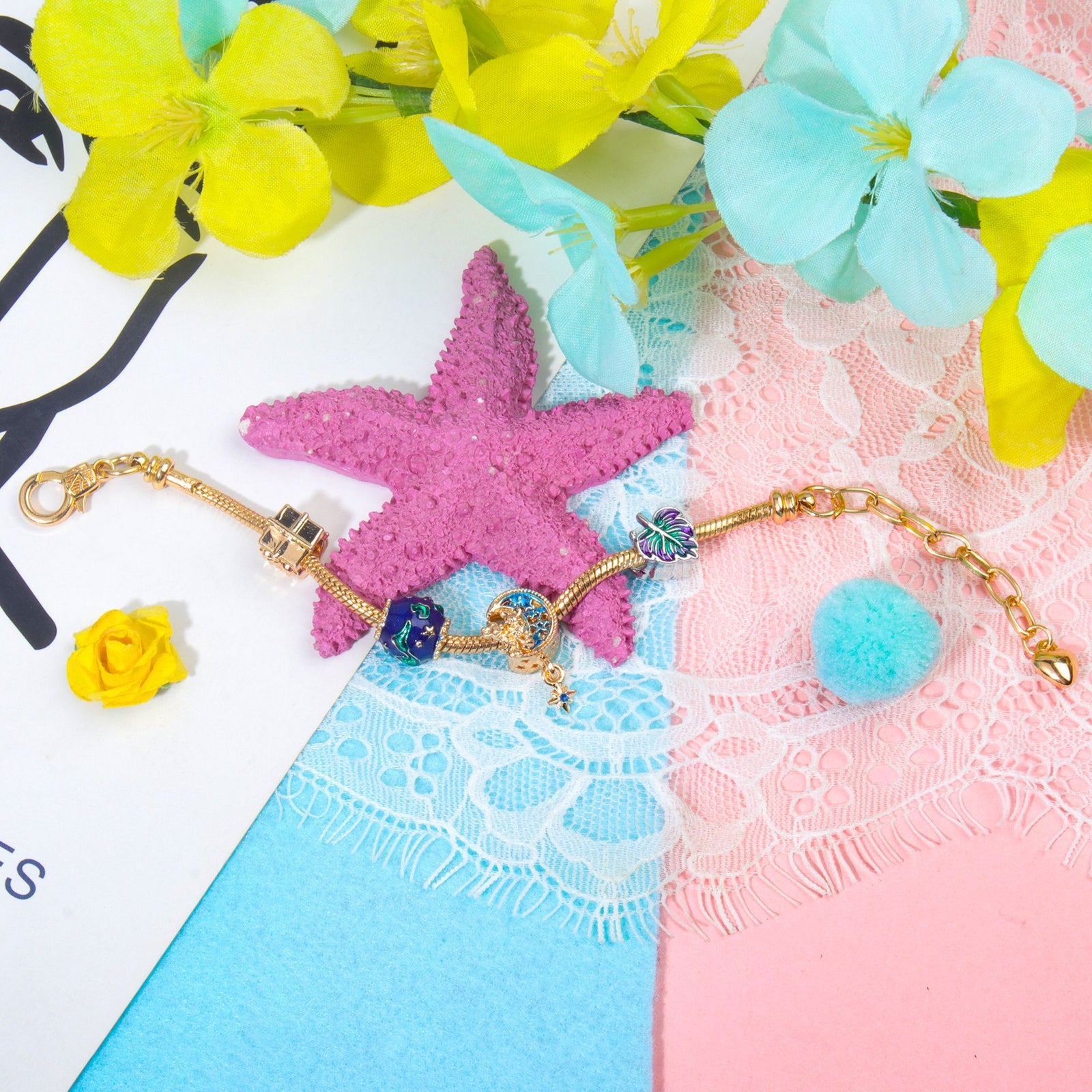 Colorful Leaf Moon Star Pendant Versatile Gold Bracelet(17cm)