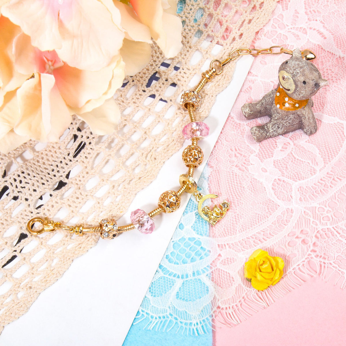 Sweet Style Crystal Rhinestone Gold Star Moon Pendant Cute Pink Bead Bracelet(18cm)