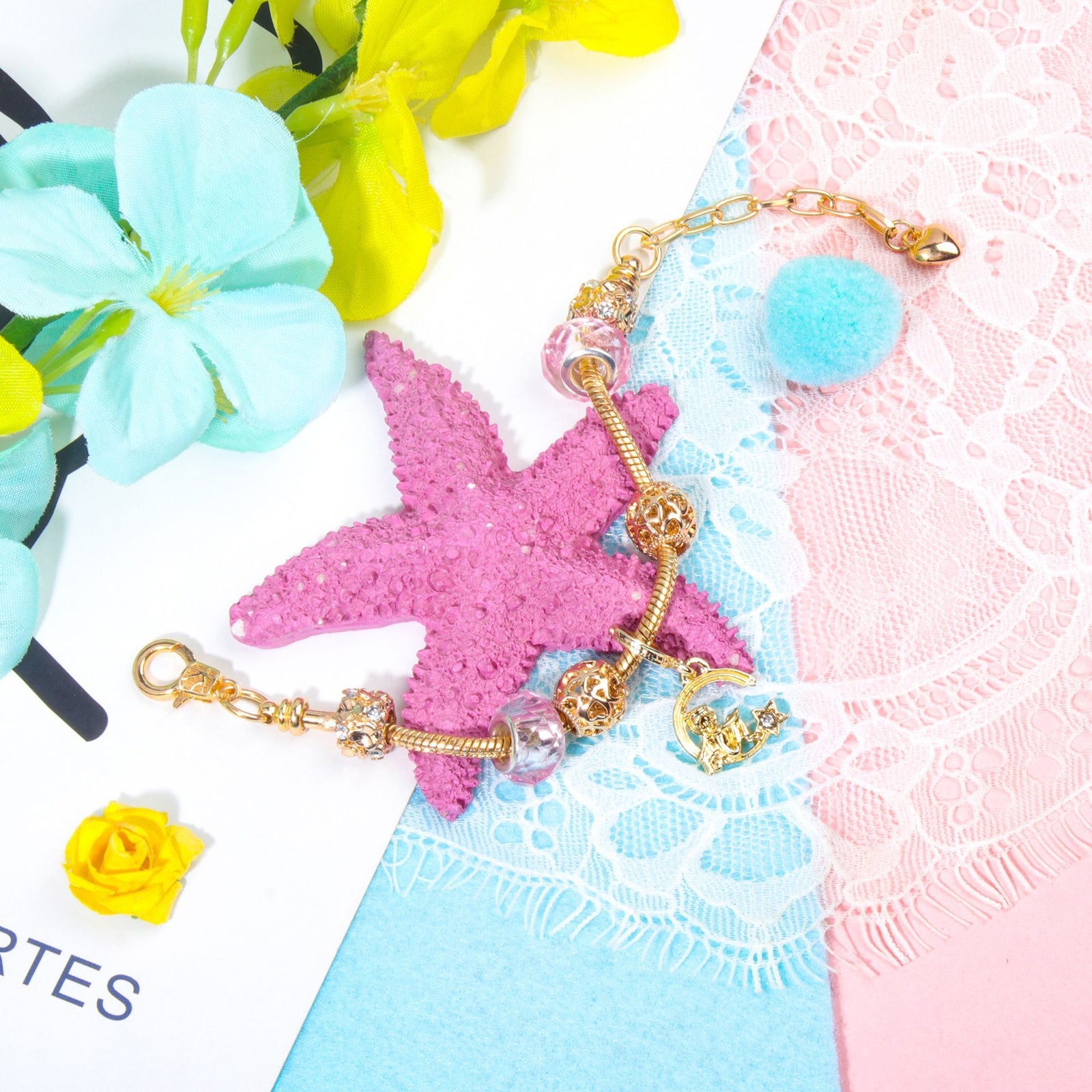 Sweet Style Crystal Rhinestone Gold Star Moon Pendant Cute Pink Bead Bracelet(18cm)