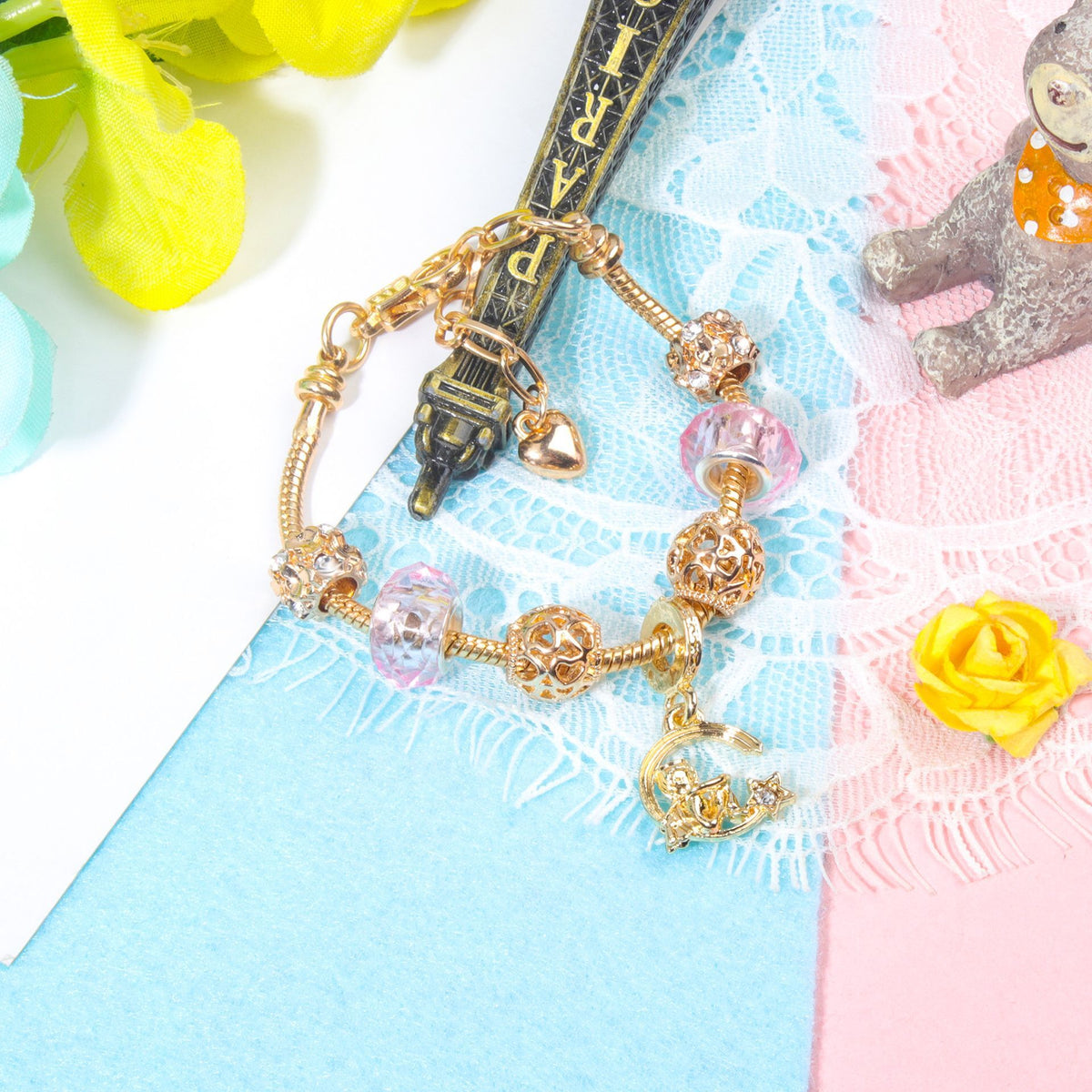 Sweet Style Crystal Rhinestone Gold Star Moon Pendant Cute Pink Bead Bracelet(18cm)