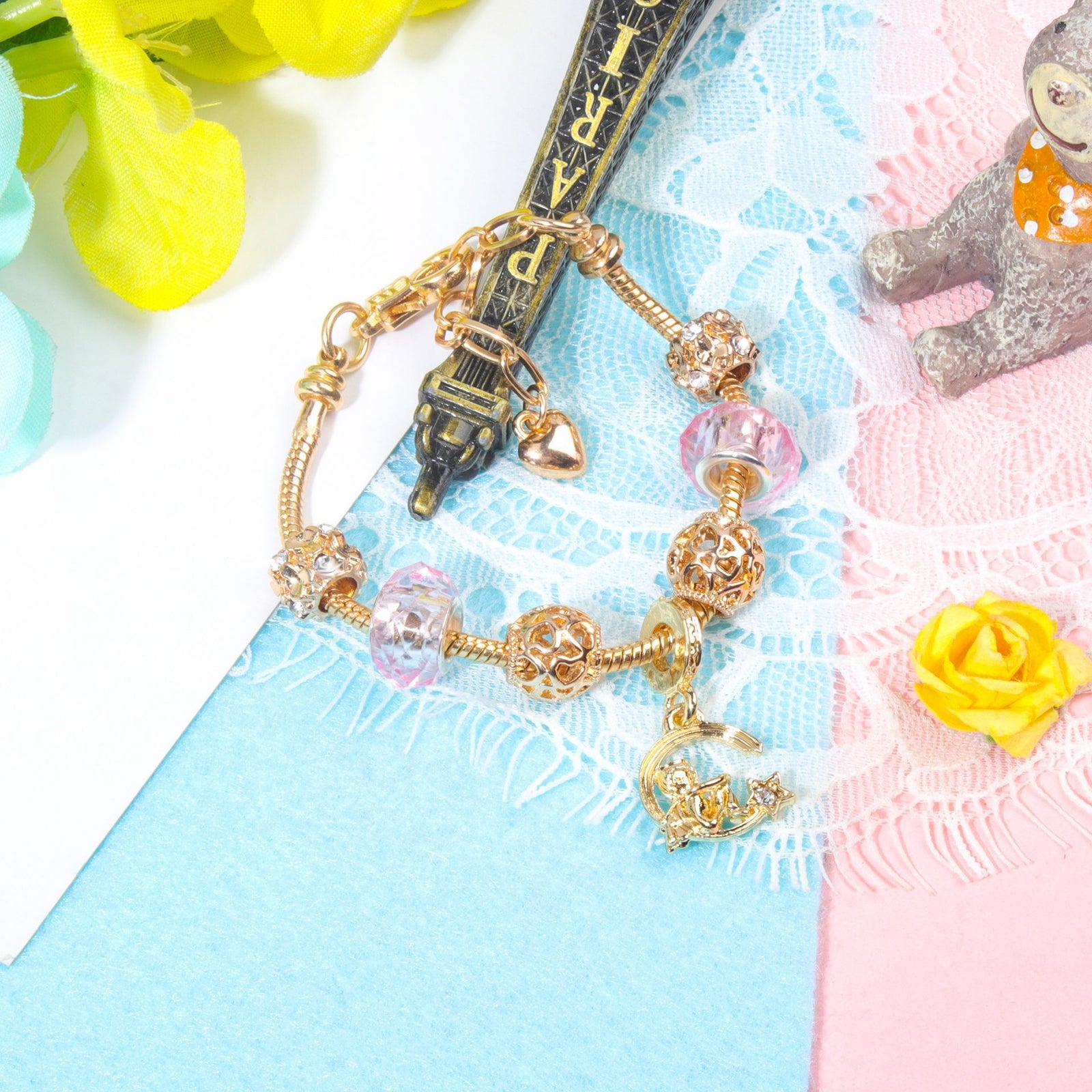 Sweet Style Crystal Rhinestone Gold Star Moon Pendant Cute Pink Bead Bracelet(18cm)