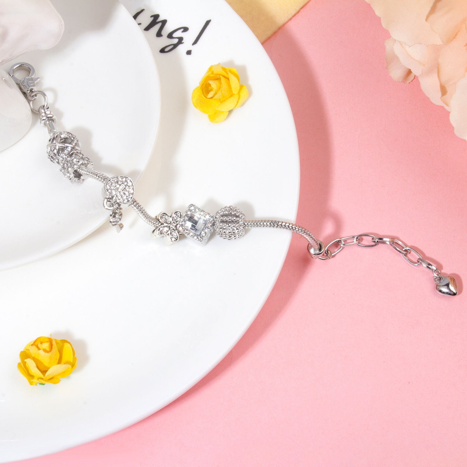 Adjustable Lobster Clasp Bracelet with Zircon Hollow Ball, Square, Flower & Heart Key Charms(17cm)