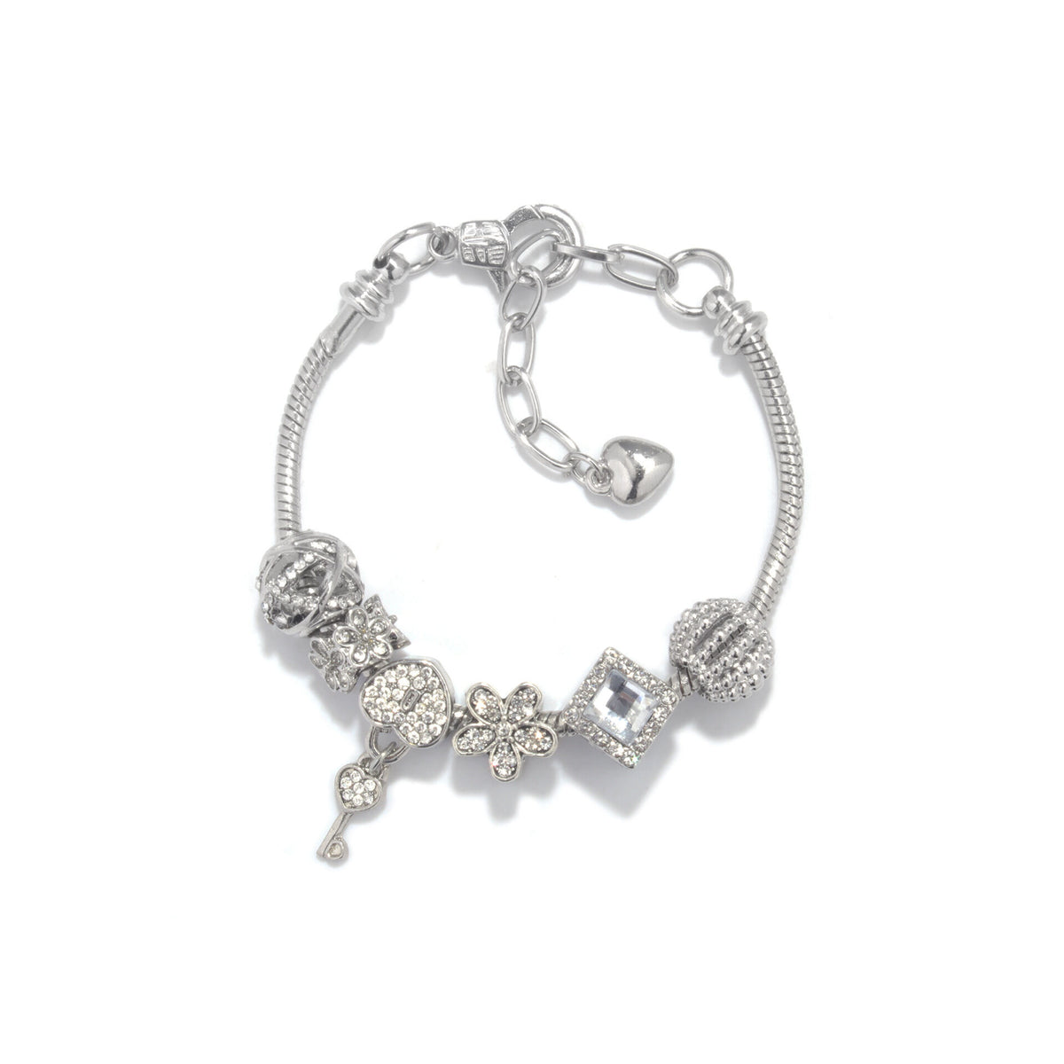 Adjustable Lobster Clasp Bracelet with Zircon Hollow Ball, Square, Flower &amp; Heart Key Charms(19cm)