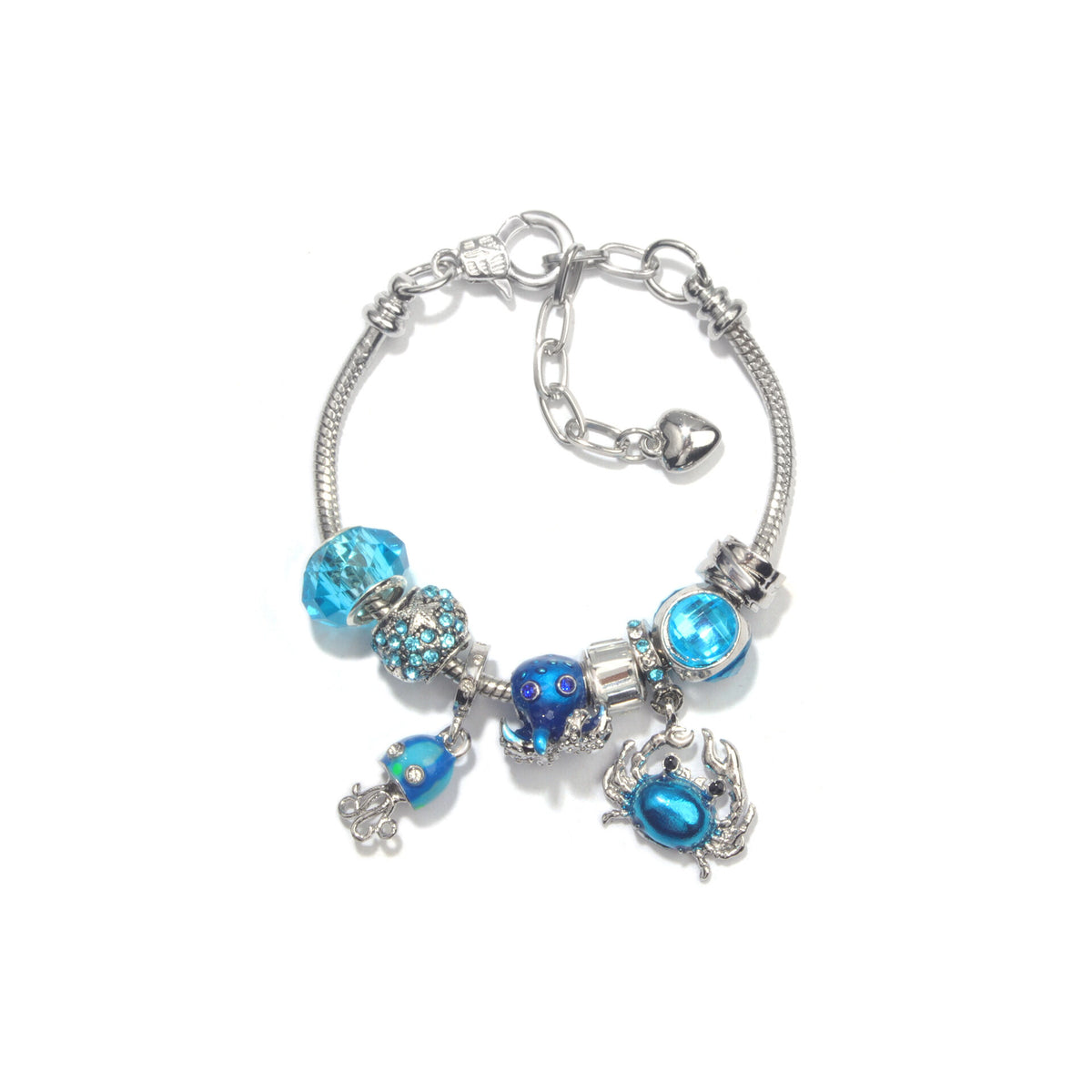 Cartoon Ocean Theme Bracelet with Octopus, Jellyfish, Crab Charms &amp; Crystal Rhinestone Beads(17cm)