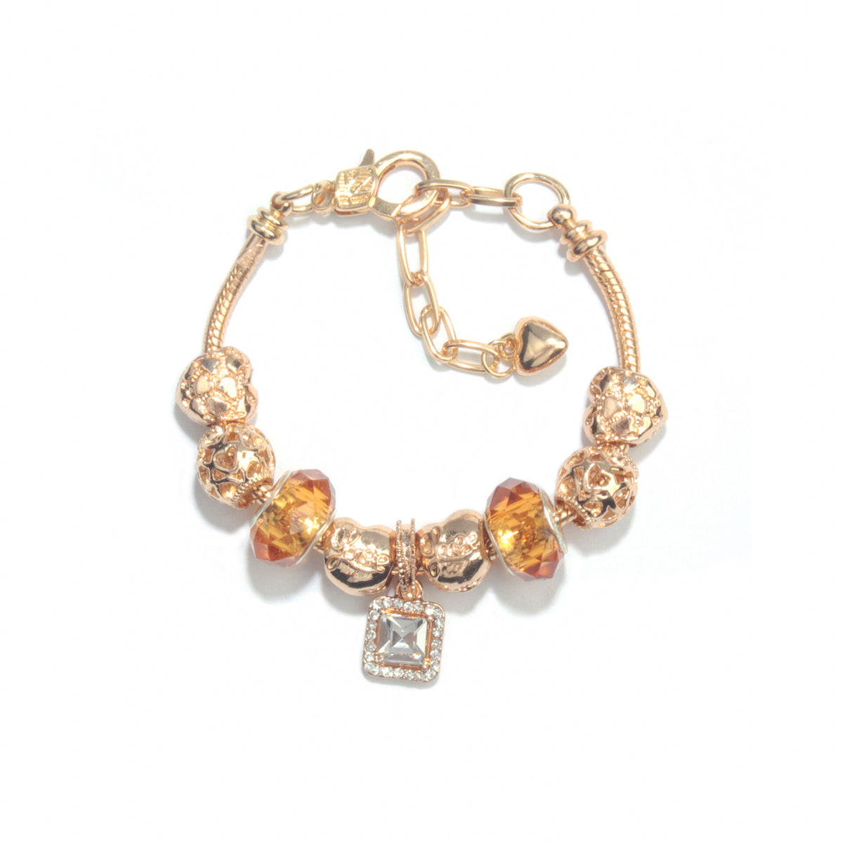 Golden Heart Zircon Hollow Bead Bracelet with Rhinestone Pendant(19cm)