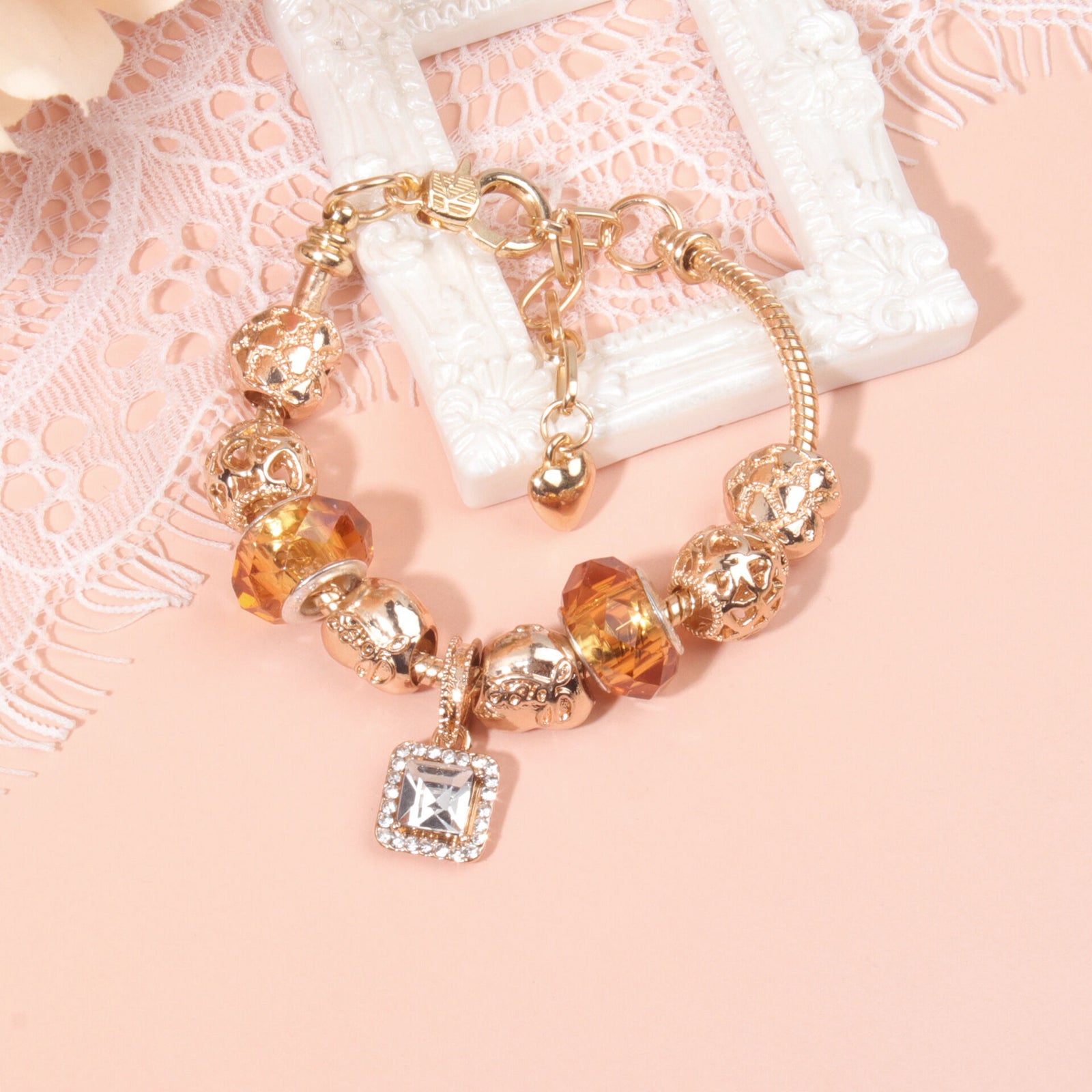 Golden Heart Zircon Hollow Bead Bracelet with Rhinestone Pendant(19cm)