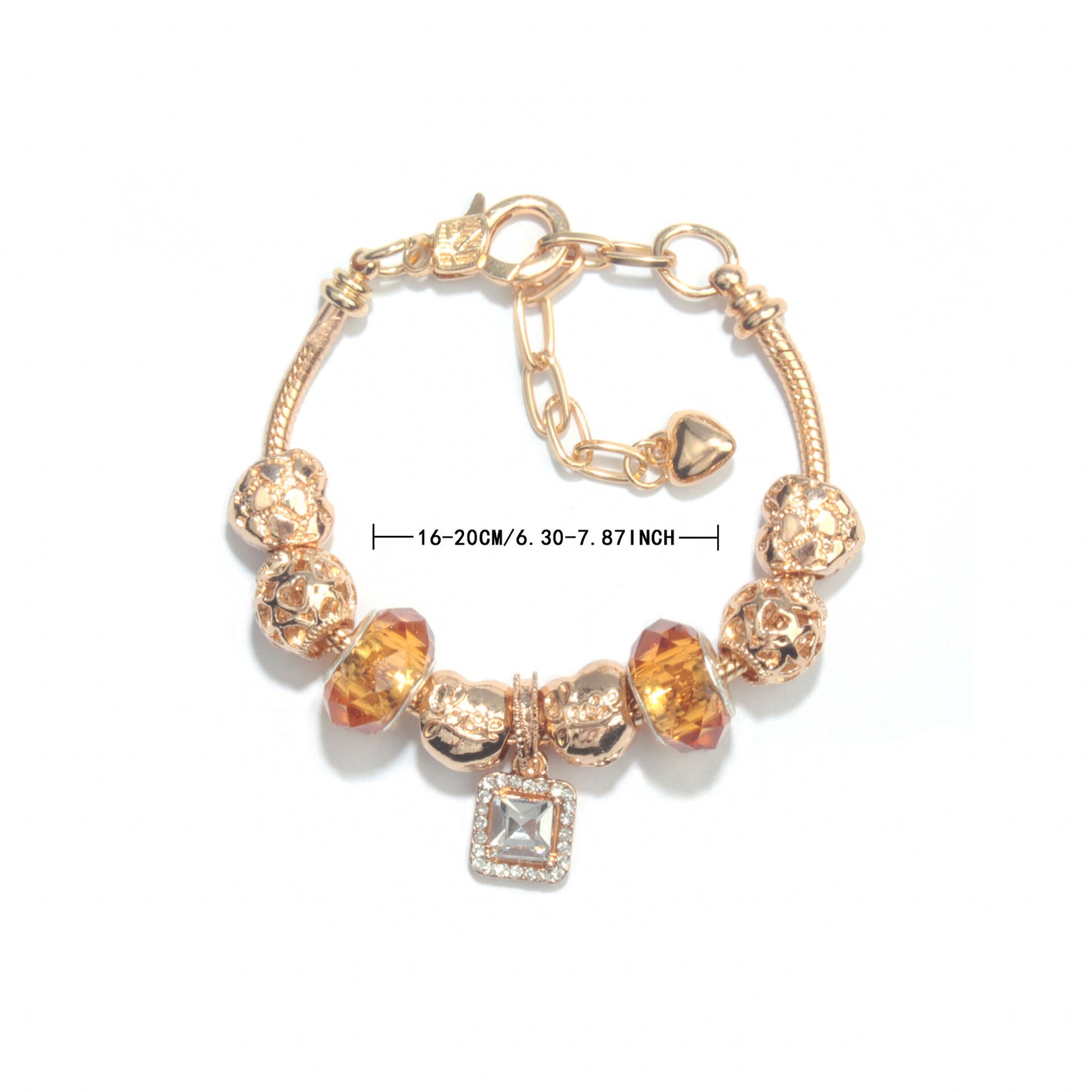 Golden Heart Zircon Hollow Bead Bracelet with Rhinestone Pendant(21cm)