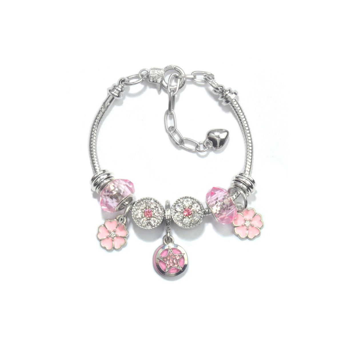 Chic Pink Crystal Beaded Bracelet with Magnolia &amp; Star Pendant(19cm)