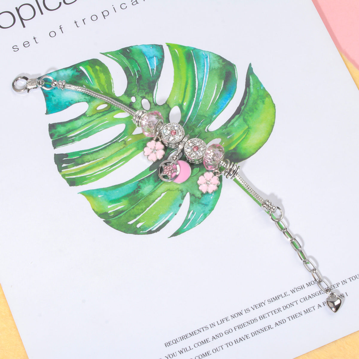 Chic Pink Crystal Beaded Bracelet with Magnolia & Star Pendant(21cm)