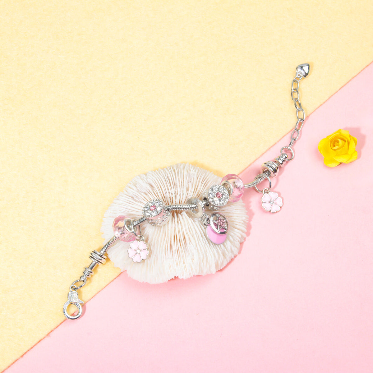 Chic Pink Crystal Beaded Bracelet with Magnolia & Star Pendant(21cm)