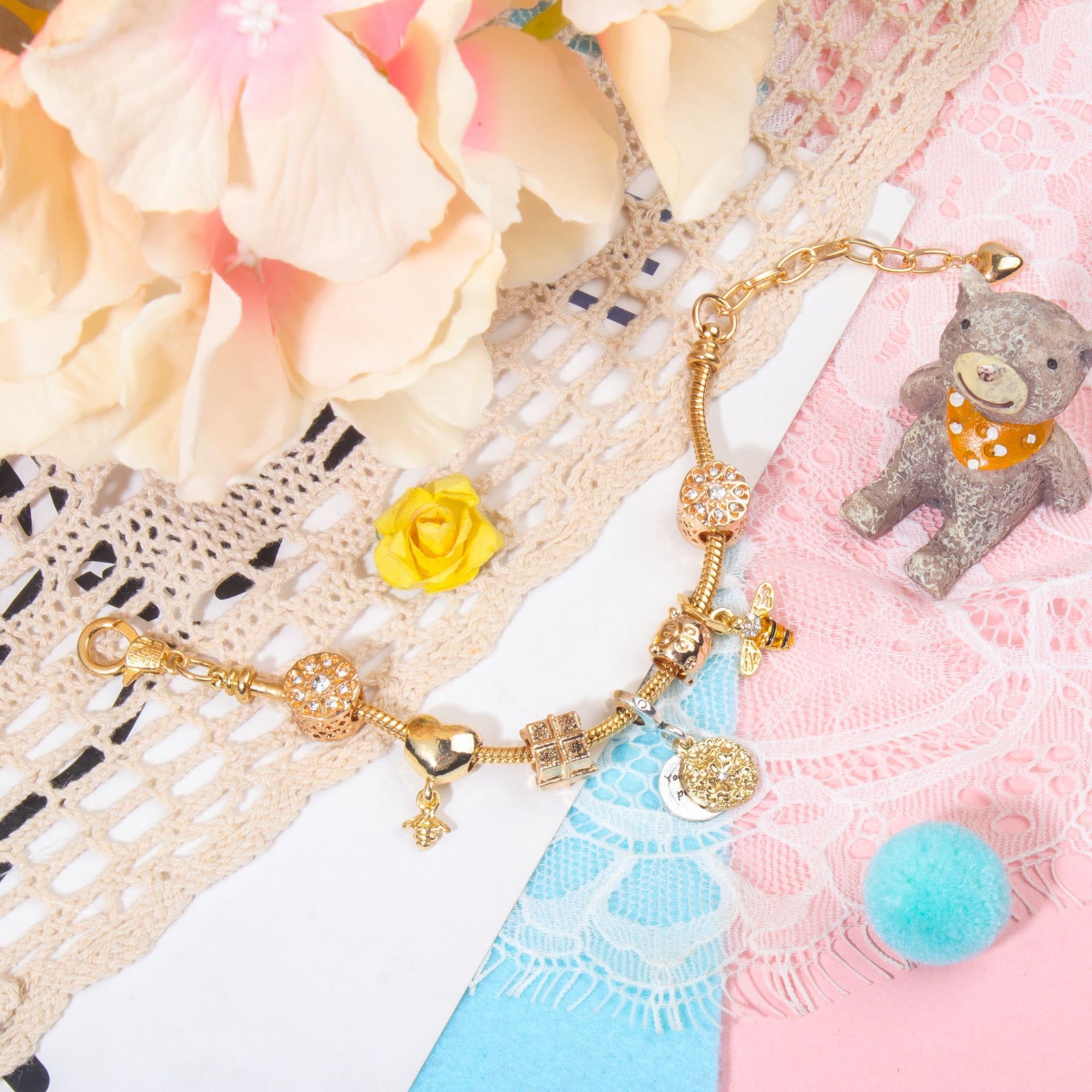 Golden Heart & Bee Charm Bracelet with Rhinestones, Hollow Flower & Gift Box Beads(16cm)