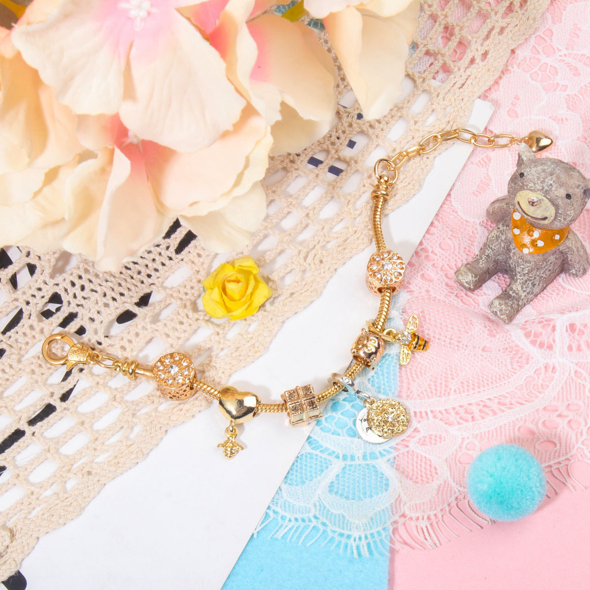 Golden Heart & Bee Charm Bracelet with Rhinestones, Hollow Flower & Gift Box Beads(18cm)