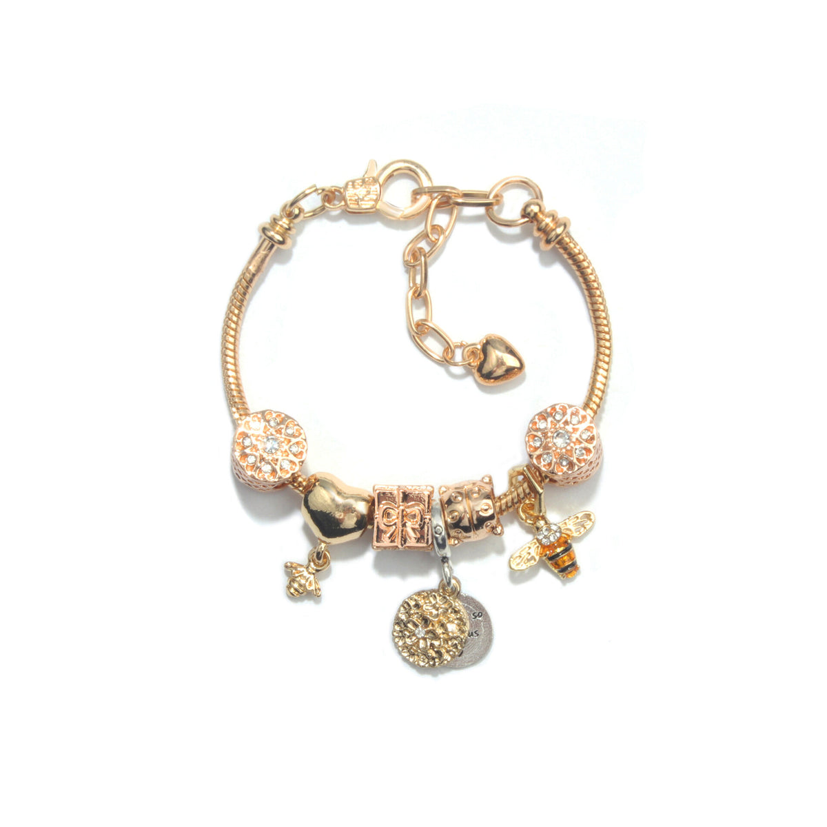 Golden Heart &amp; Bee Charm Bracelet with Rhinestones, Hollow Flower &amp; Gift Box Beads(19cm)