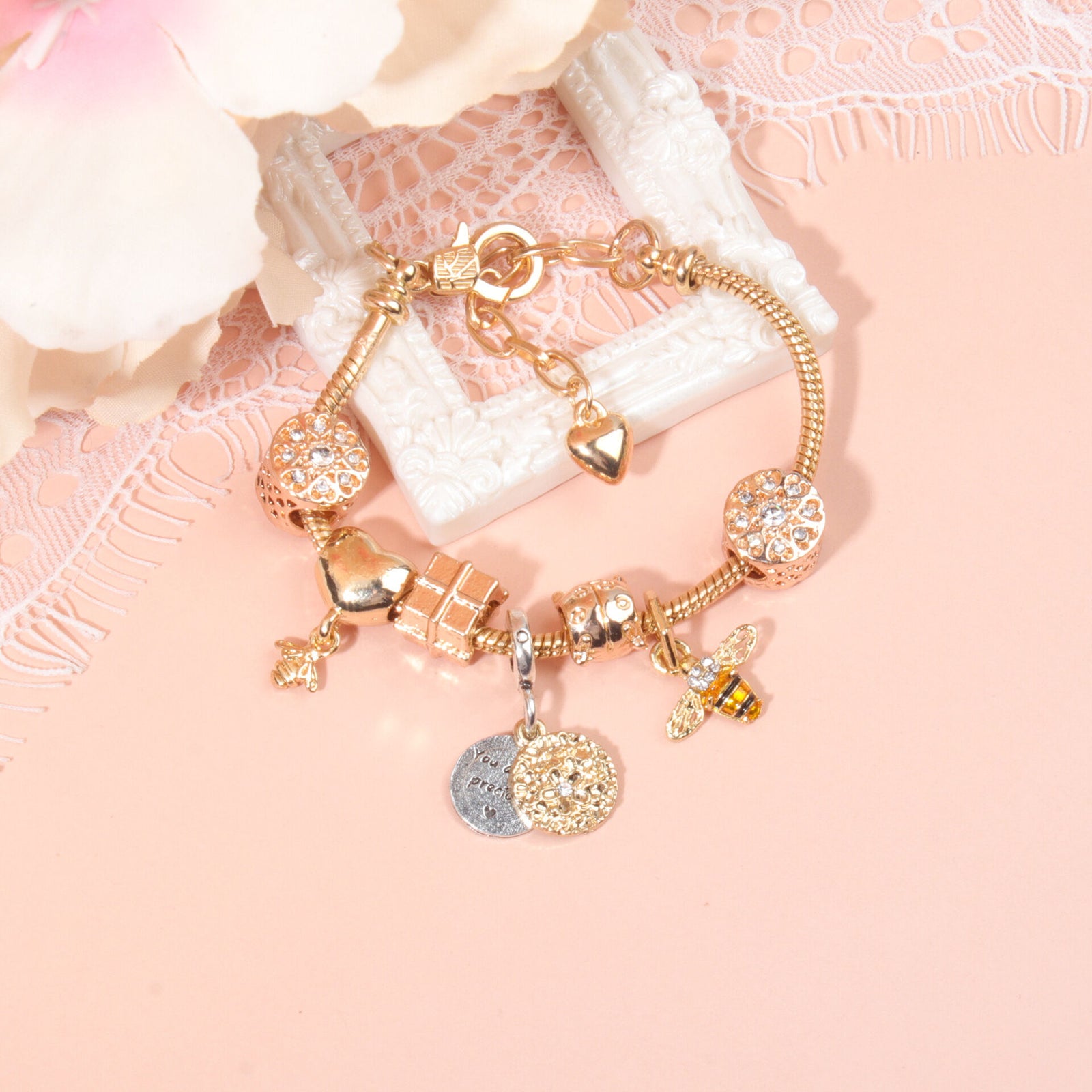Golden Heart & Bee Charm Bracelet with Rhinestones, Hollow Flower & Gift Box Beads(19cm)