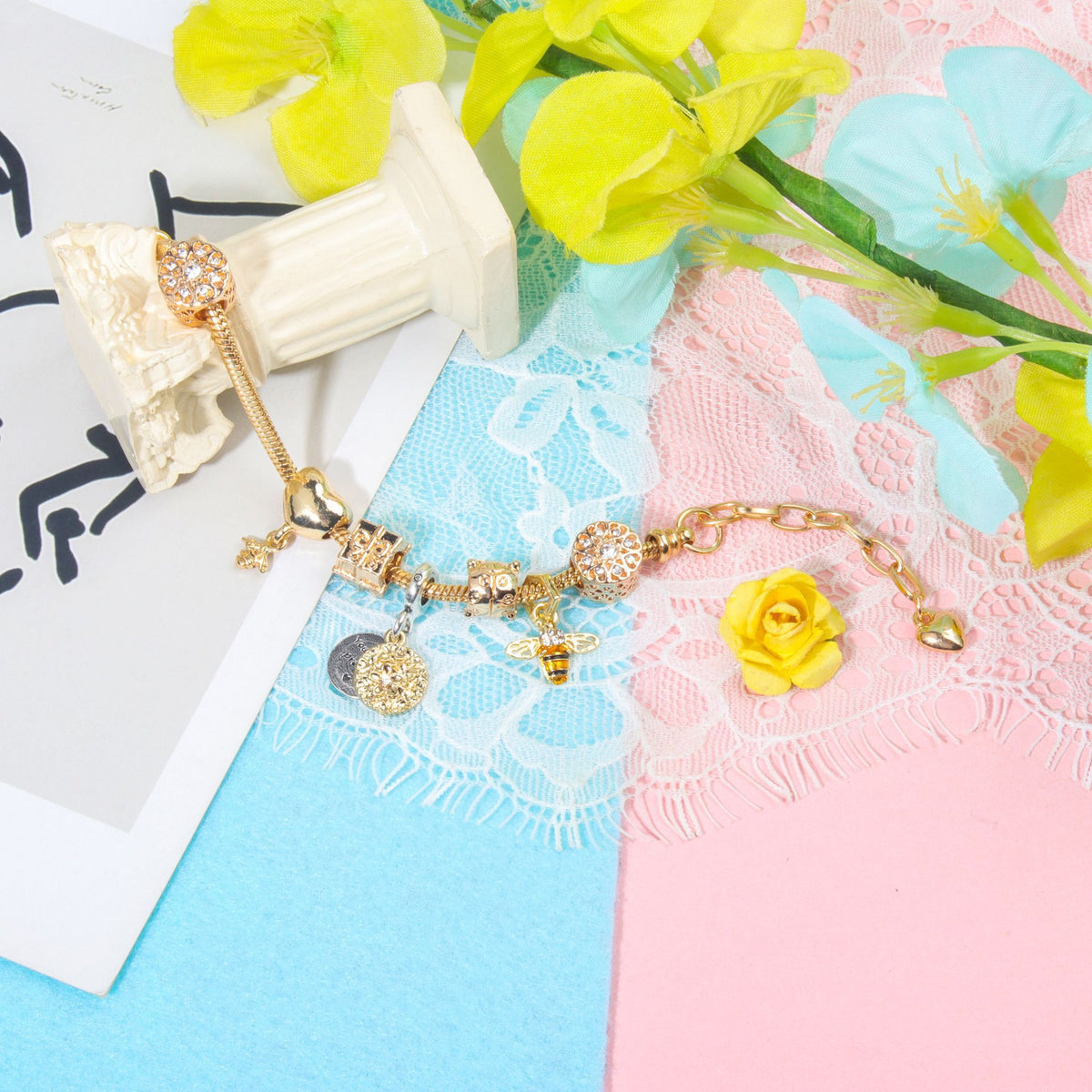 Golden Heart & Bee Charm Bracelet with Rhinestones, Hollow Flower & Gift Box Beads(21cm)