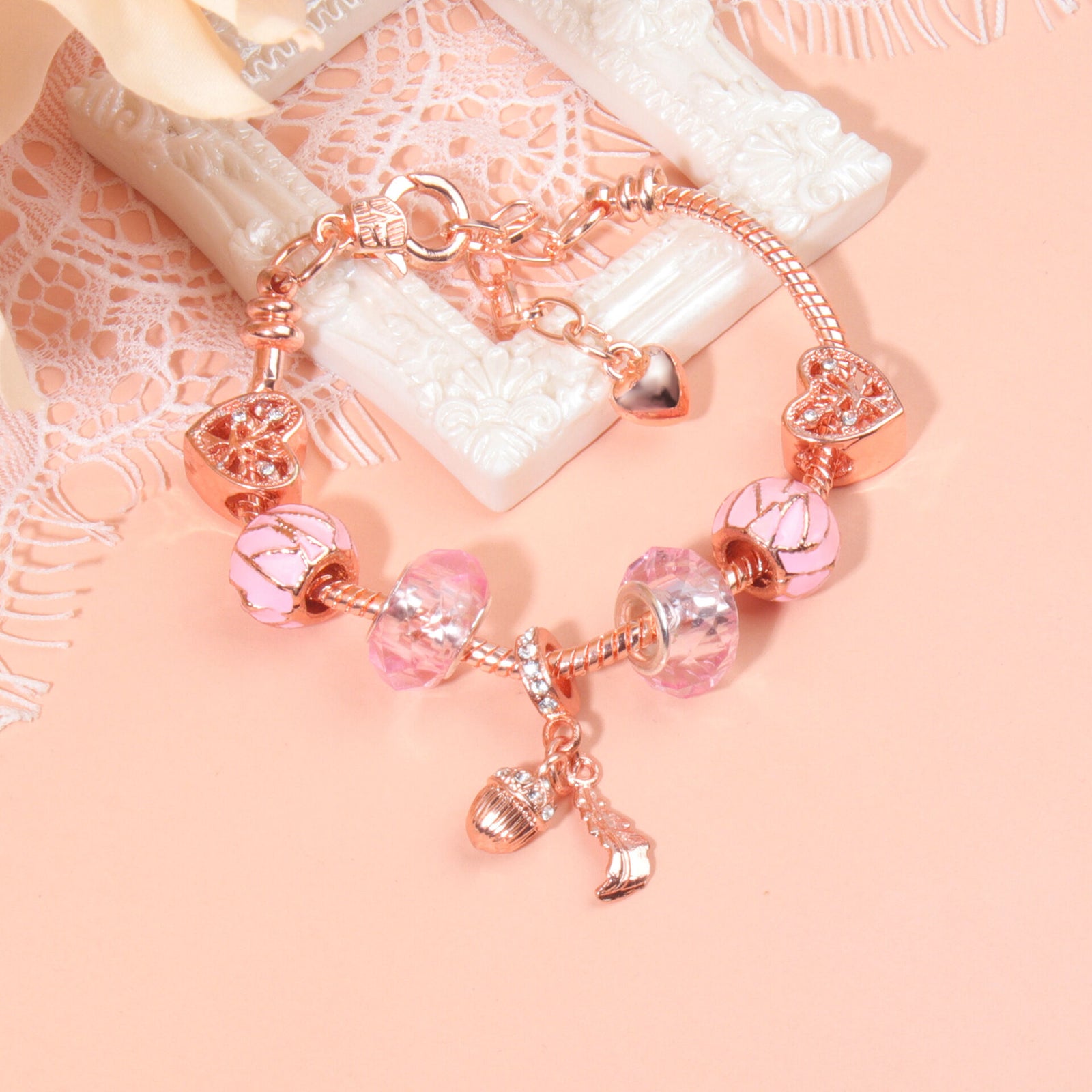 Rose Gold Charm Bracelet with Heart, Crystal, Leaf & Acorn, Colorful Beaded Jewelry for Women(18cm)