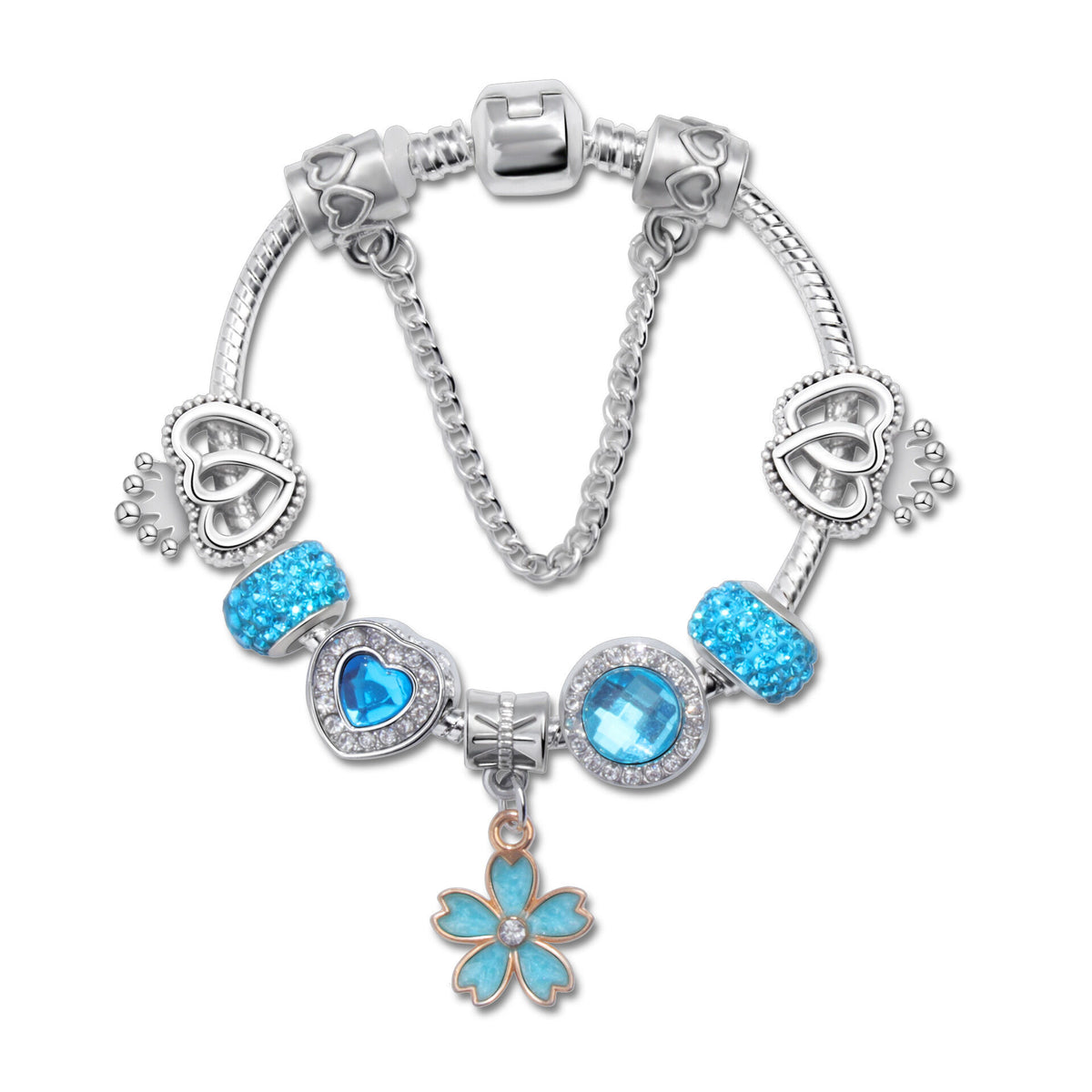 Rhinestone Heart &amp; Crown Bead Bracelet,Fashion Sweet Jewelry for Women(blue-18cm)