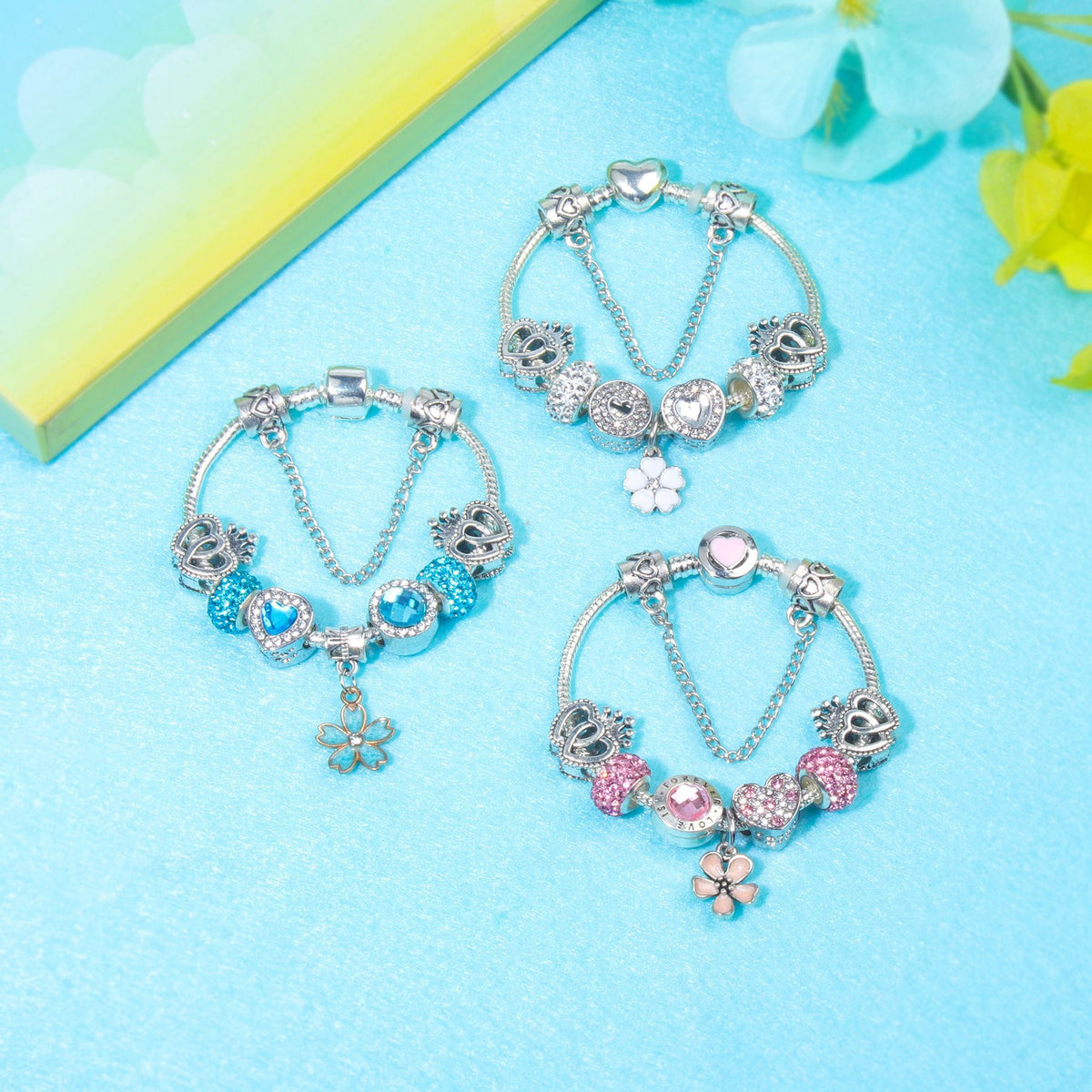 Rhinestone Heart & Crown Bead Bracelet,Fashion Sweet Jewelry for Women(blue-21cm)