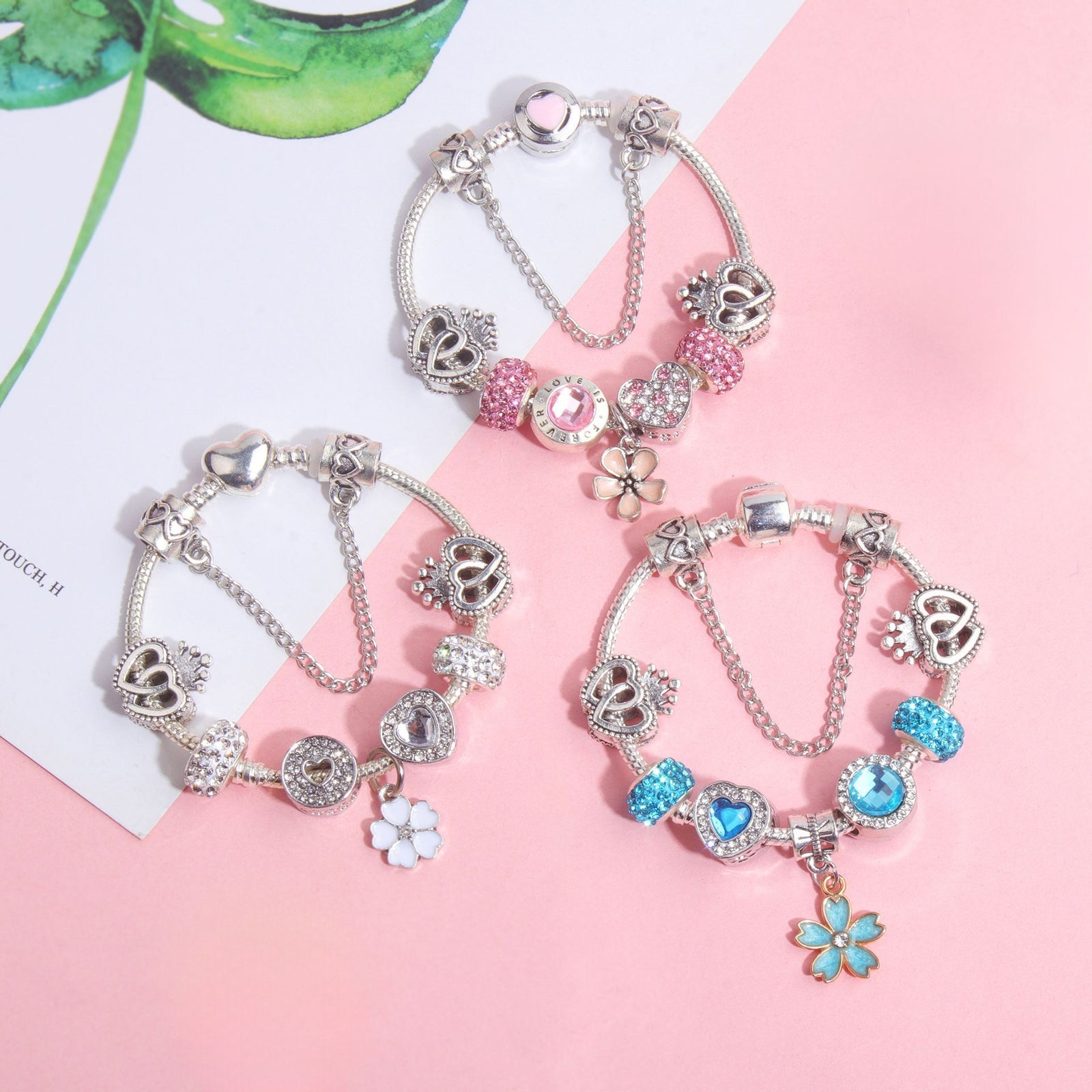 Rhinestone Heart & Crown Bead Bracelet,Fashion Sweet Jewelry for Women(pink-16cm)