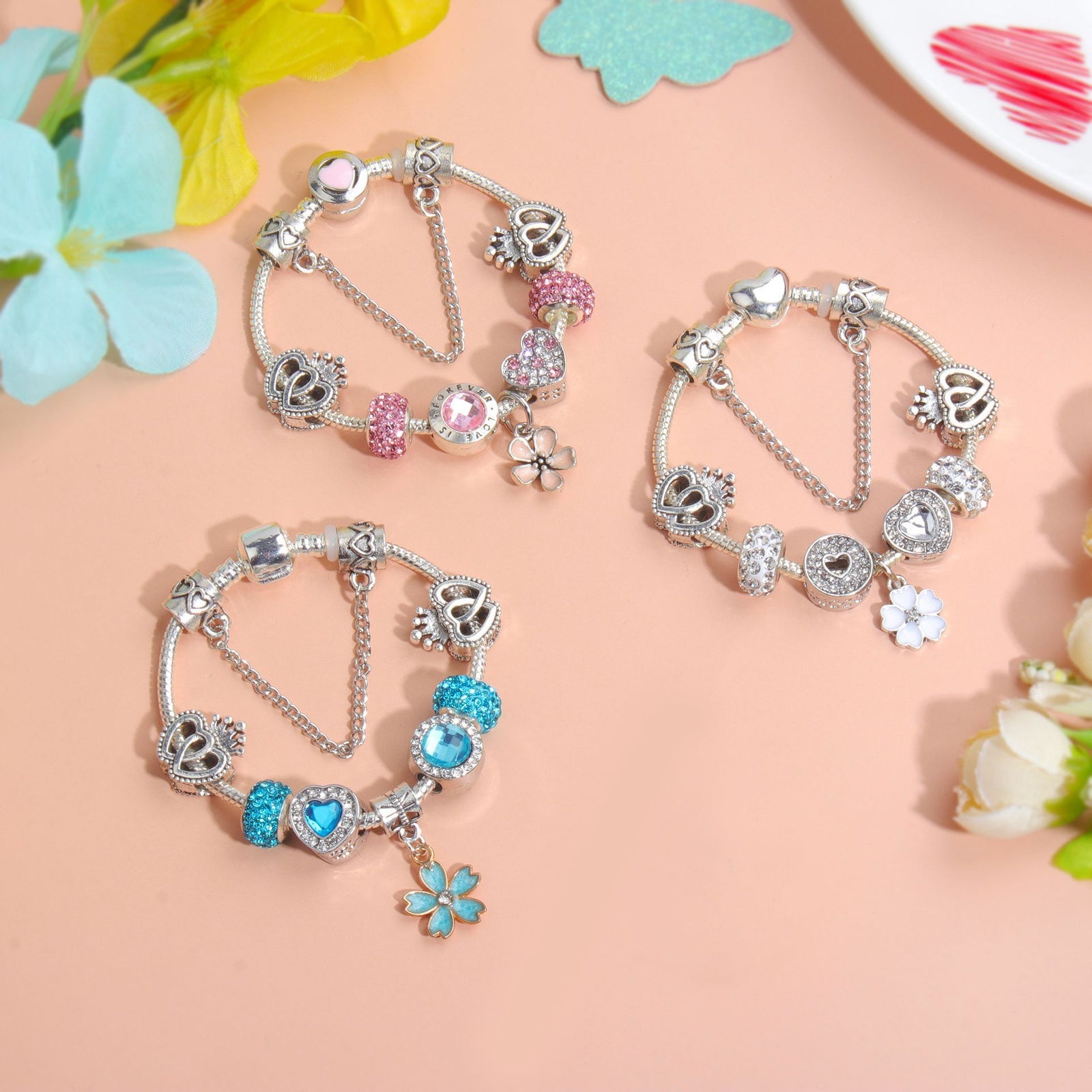 Rhinestone Heart & Crown Bead Bracelet,Fashion Sweet Jewelry for Women(pink-16cm)