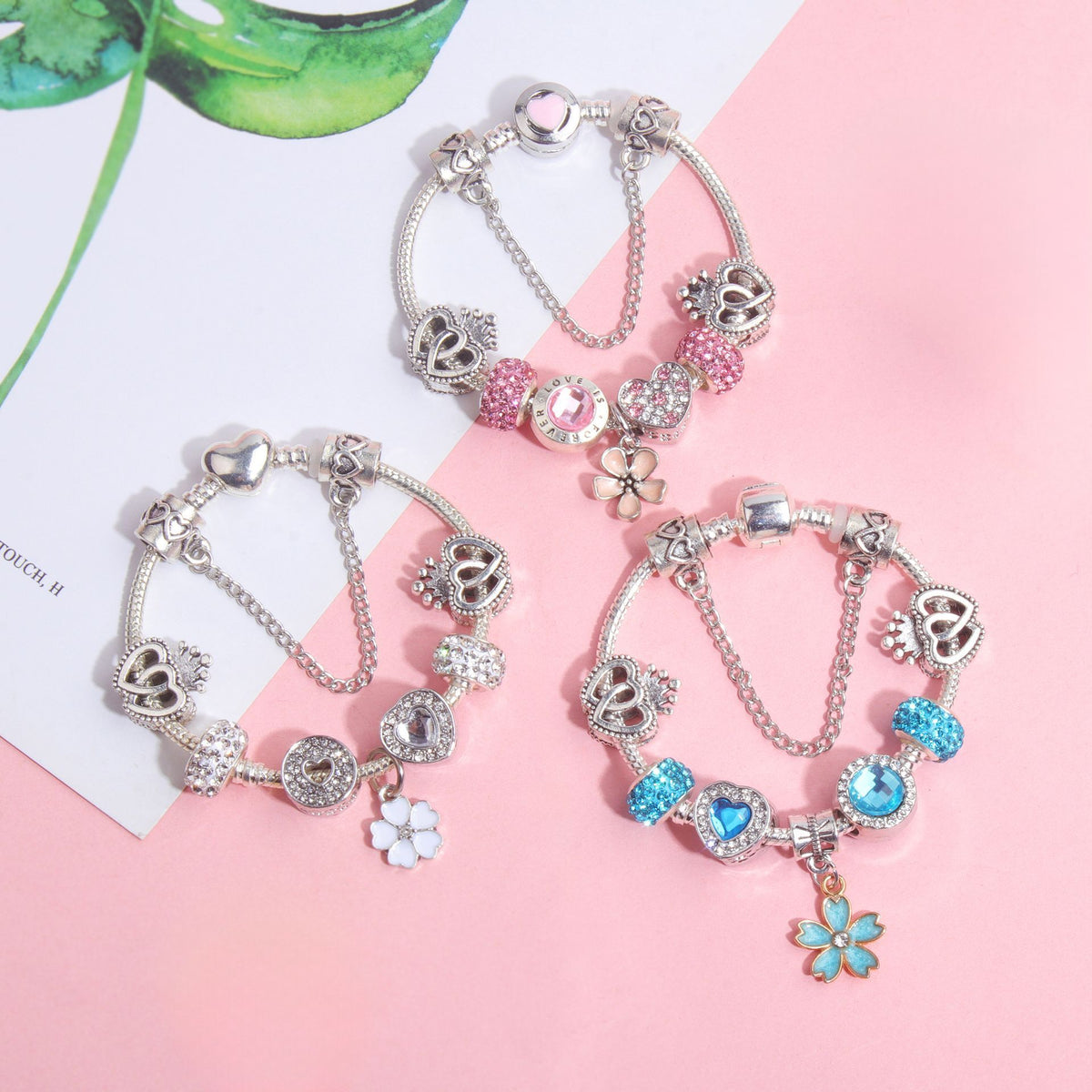 Rhinestone Heart & Crown Bead Bracelet,Fashion Sweet Jewelry for Women(pink-19cm)