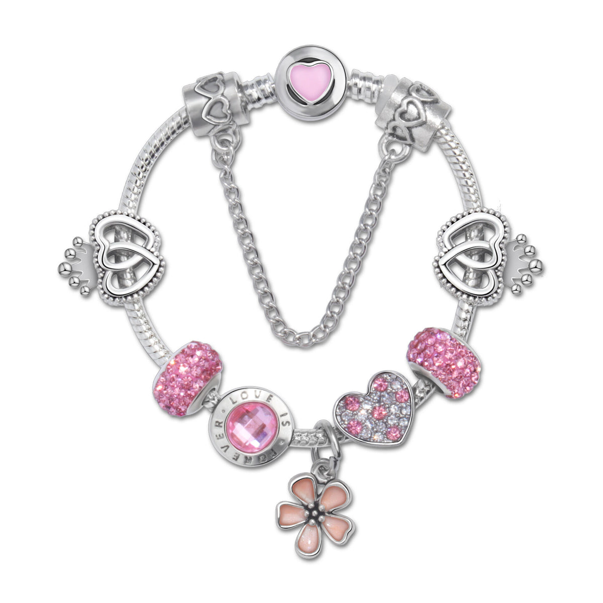 Rhinestone Heart &amp; Crown Bead Bracelet,Fashion Sweet Jewelry for Women(pink-21cm)