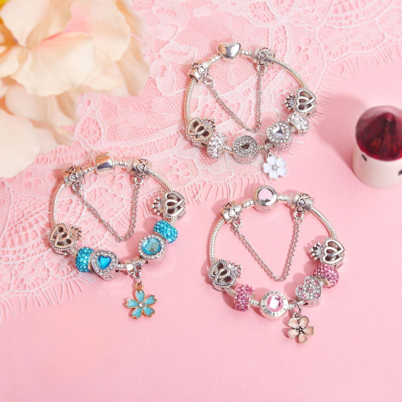 Rhinestone Heart & Crown Bead Bracelet,Fashion Sweet Jewelry for Women(pink-21cm)