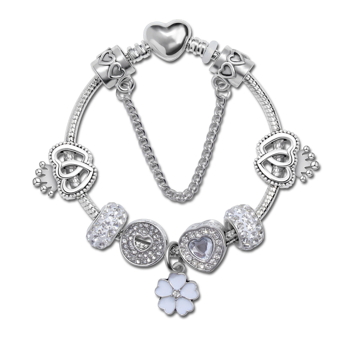 Rhinestone Heart &amp; Crown Bead Bracelet,Fashion Sweet Jewelry for Women(silver-16cm)