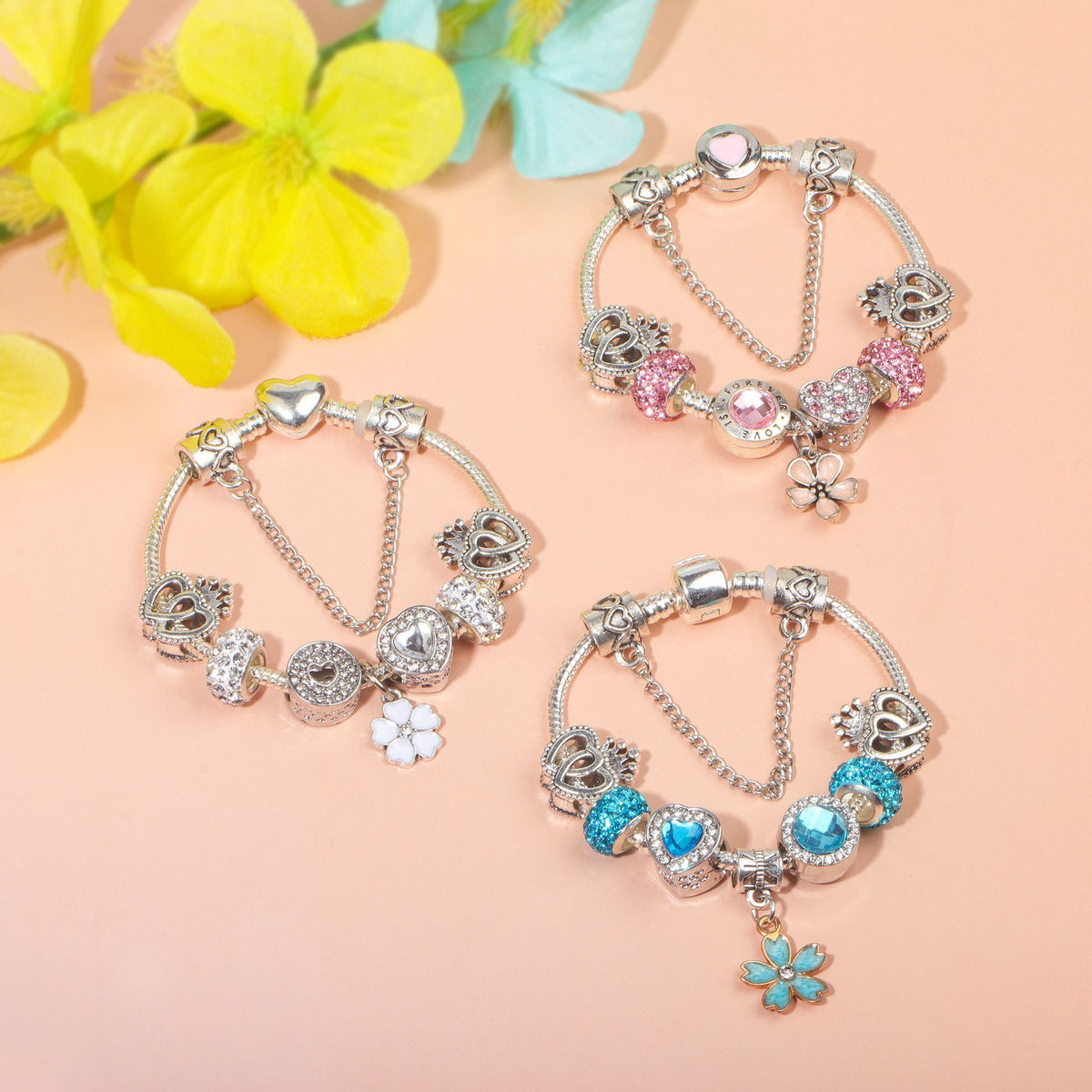 Rhinestone Heart & Crown Bead Bracelet,Fashion Sweet Jewelry for Women(silver-16cm)