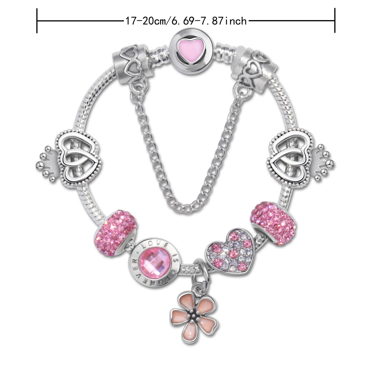 Rhinestone Heart & Crown Bead Bracelet,Fashion Sweet Jewelry for Women(silver-20cm)