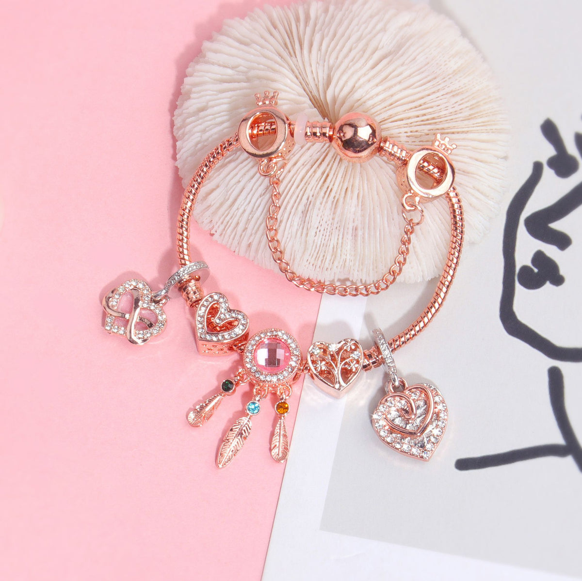 Rose Gold Bracelet with Pink Heart Charms & Crystal Rhinestones(17cm)