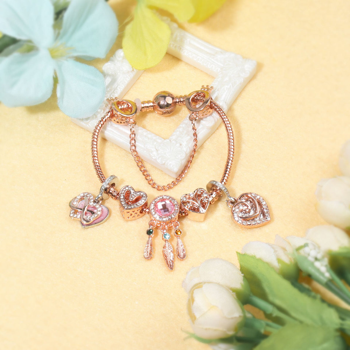 Rose Gold Bracelet with Pink Heart Charms & Crystal Rhinestones(17cm)