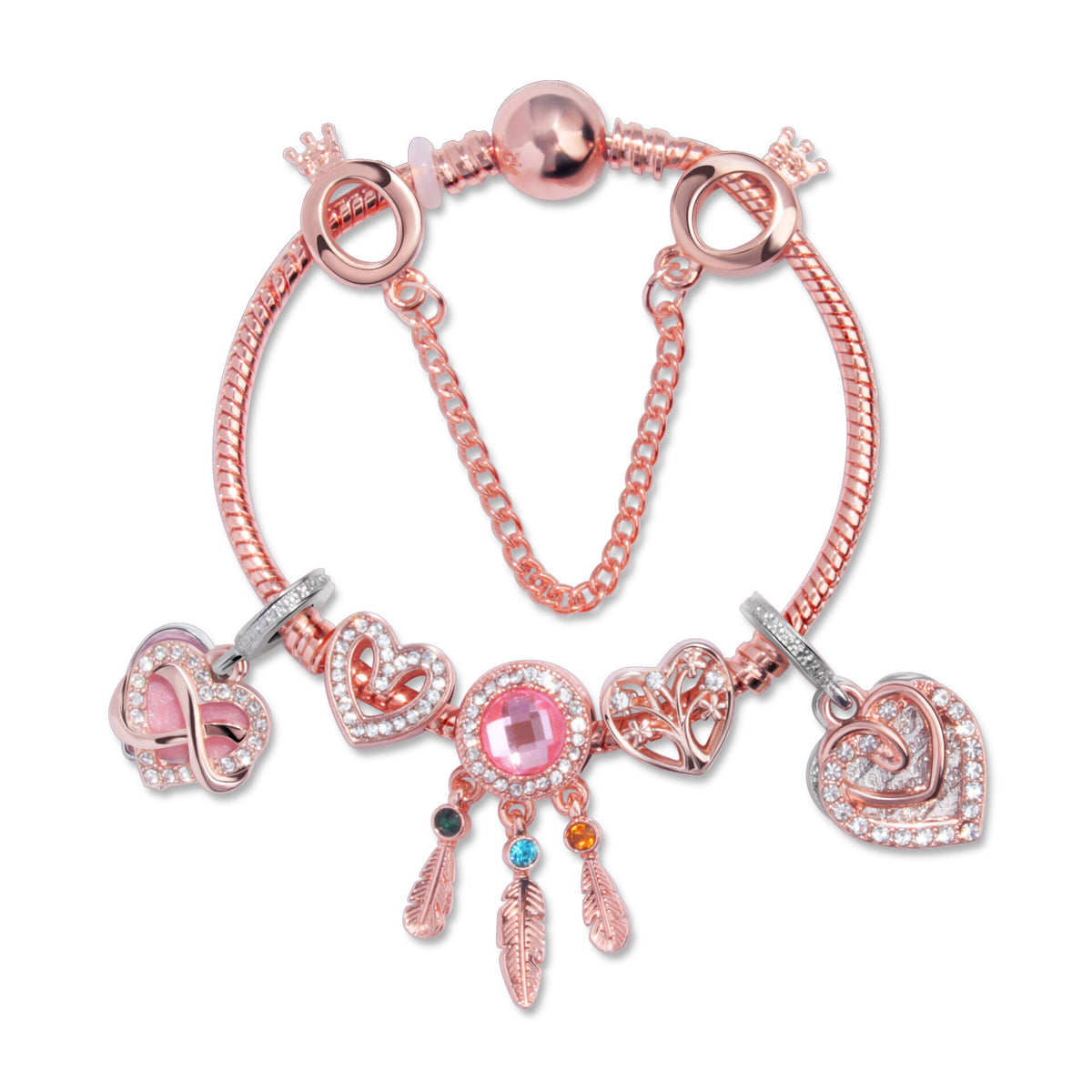 Rose Gold Bracelet with Pink Heart Charms &amp; Crystal Rhinestones(18cm)