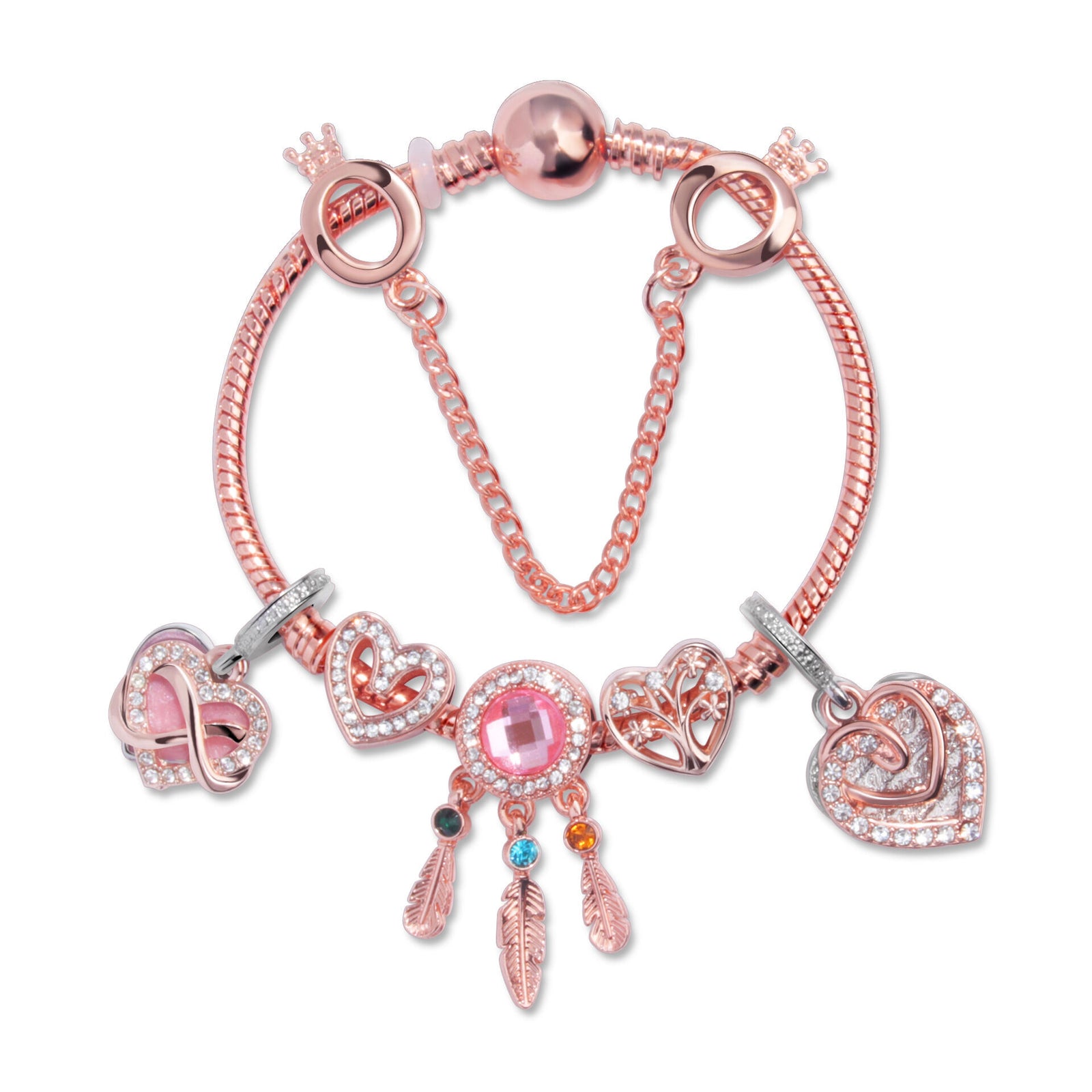 Rose Gold Bracelet with Pink Heart Charms & Crystal Rhinestones(18cm)