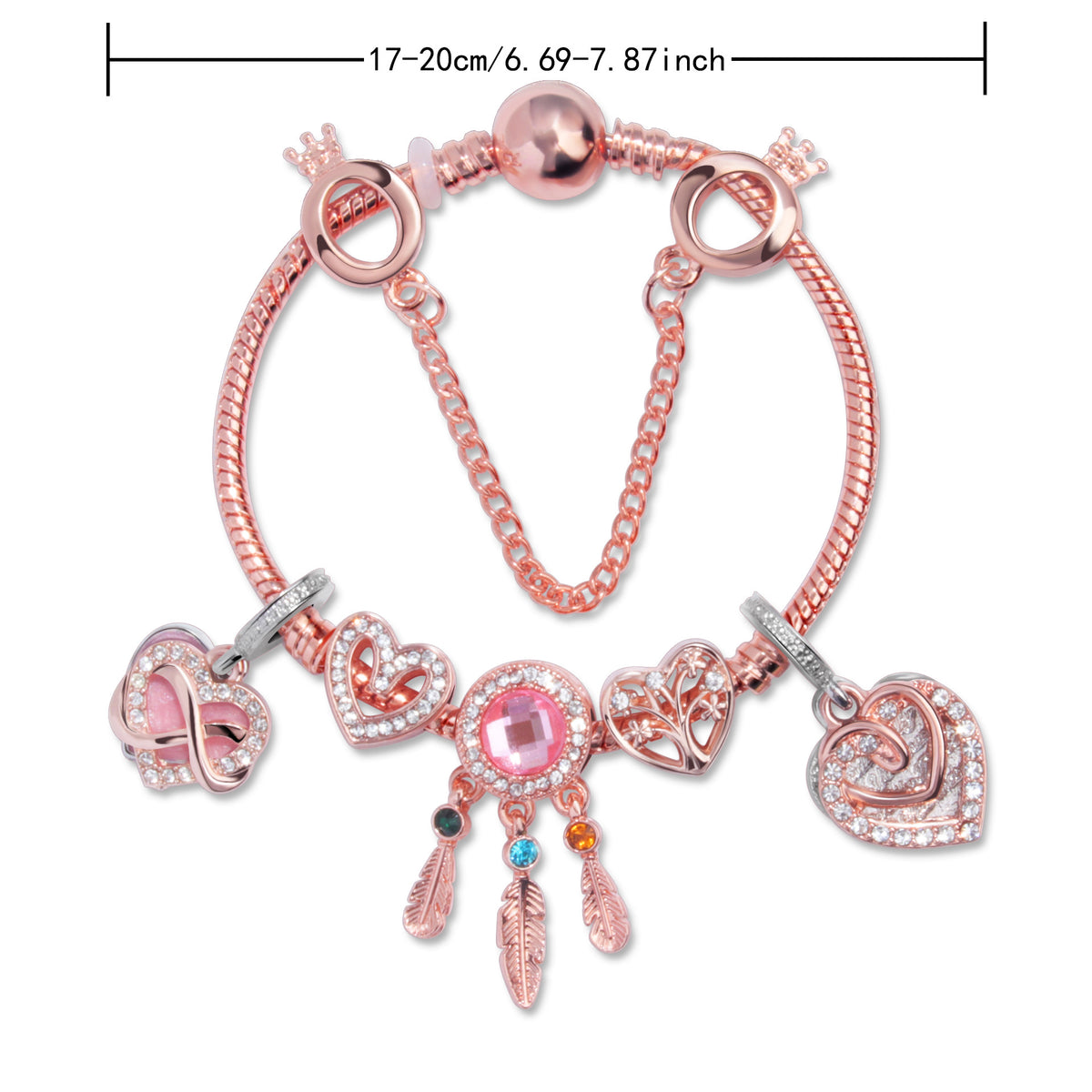 Rose Gold Bracelet with Pink Heart Charms & Crystal Rhinestones(18cm)