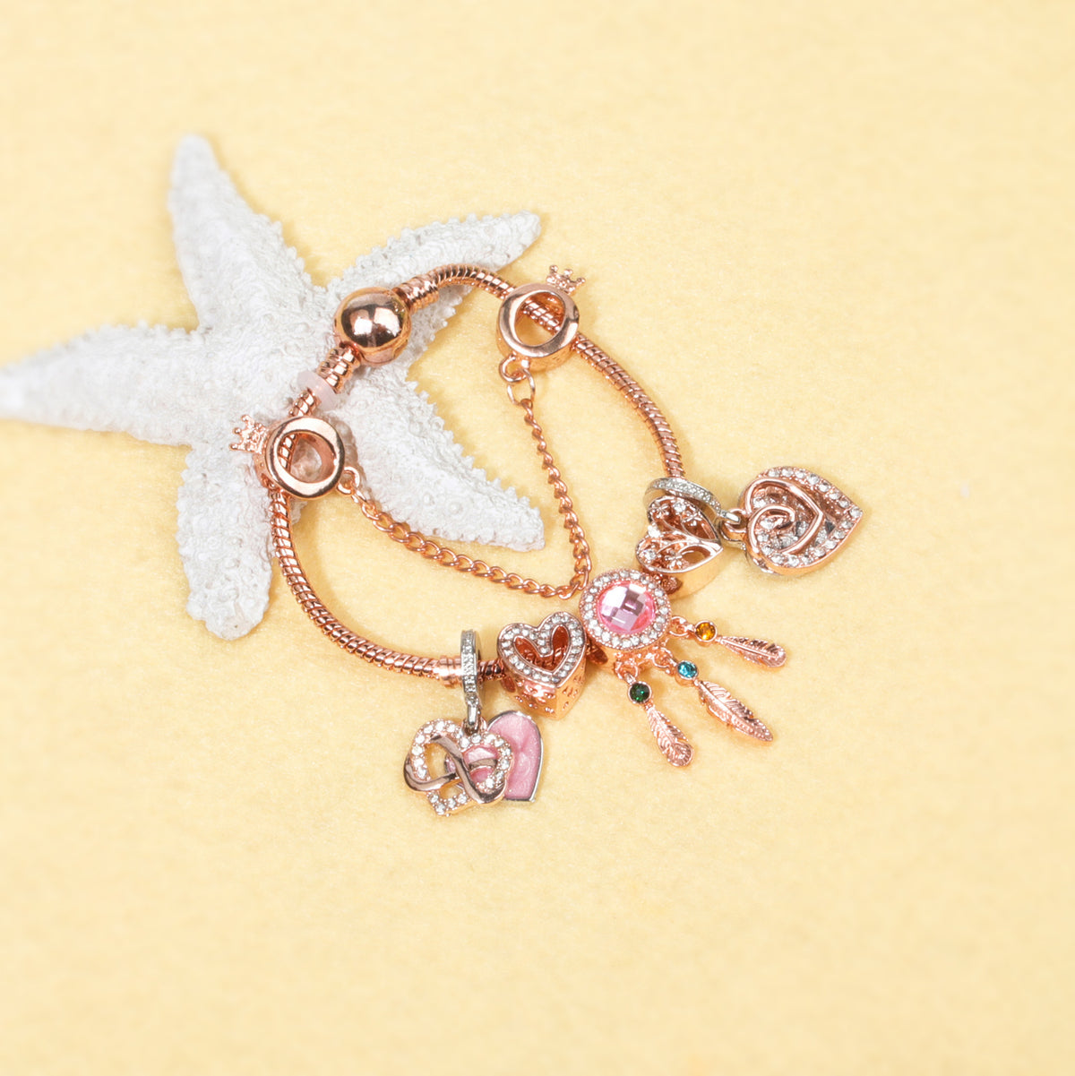 Rose Gold Bracelet with Pink Heart Charms & Crystal Rhinestones(18cm)