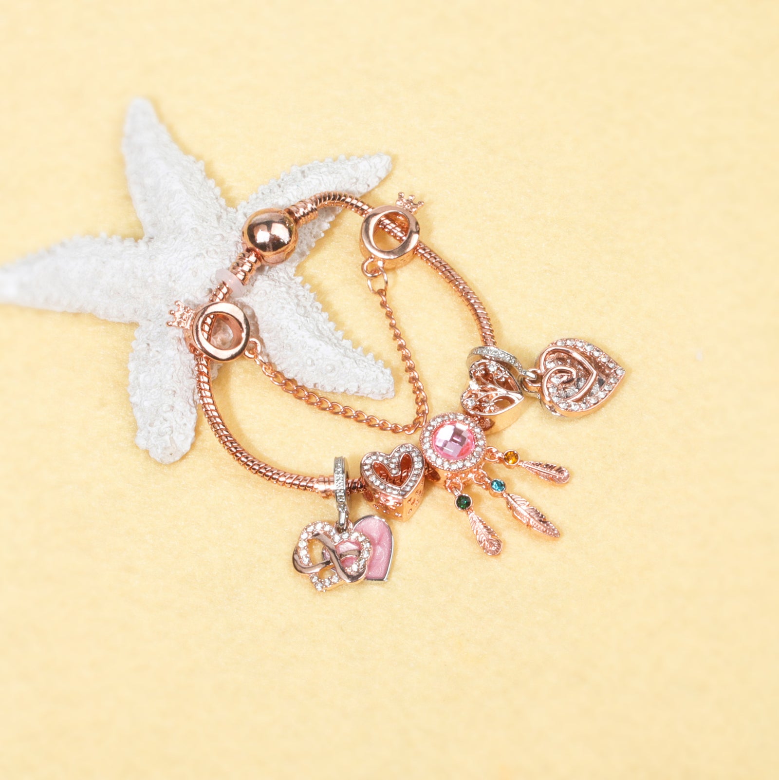 Rose Gold Bracelet with Pink Heart Charms & Crystal Rhinestones(18cm)