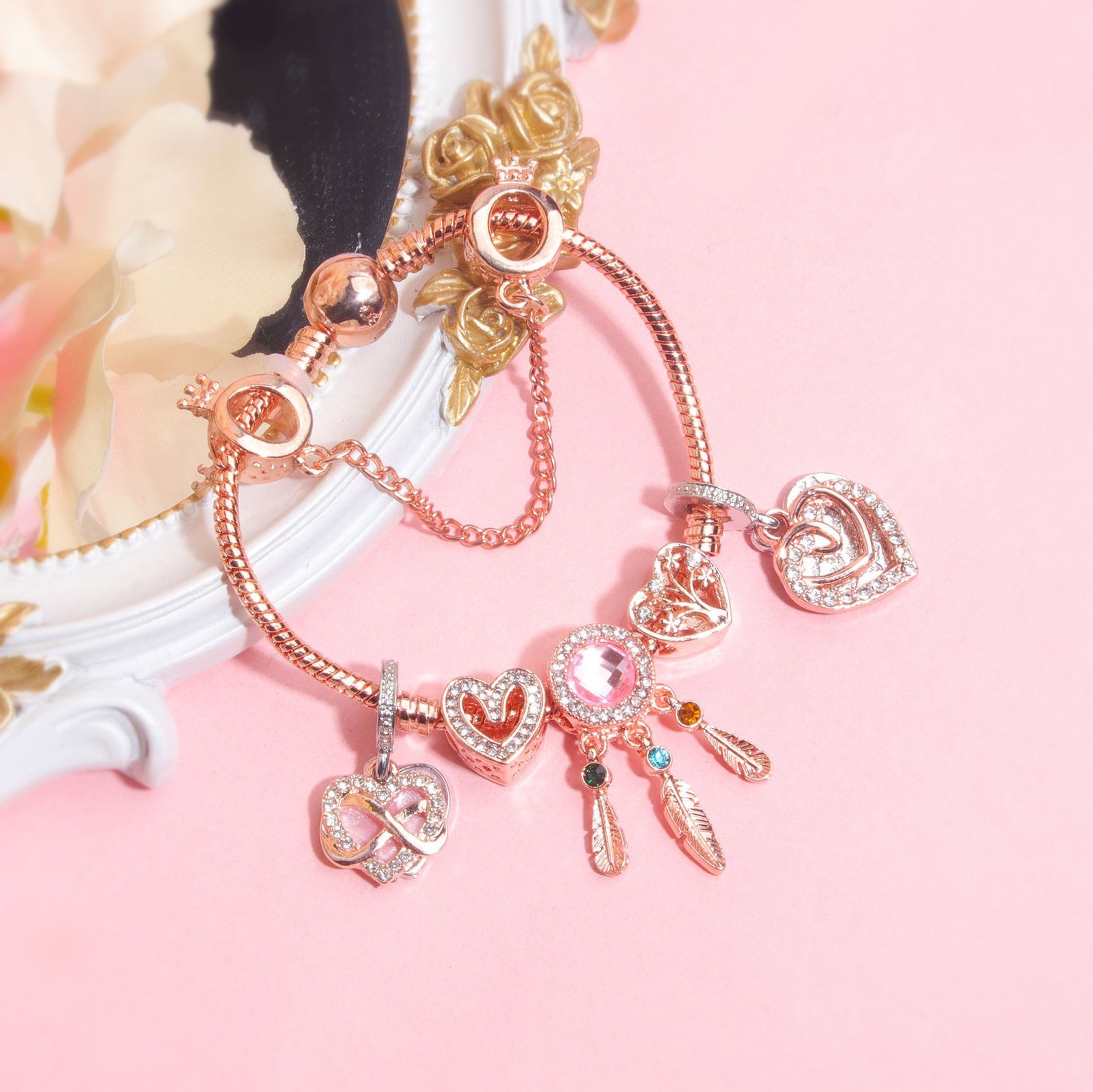 Rose Gold Bracelet with Pink Heart Charms & Crystal Rhinestones(19cm)
