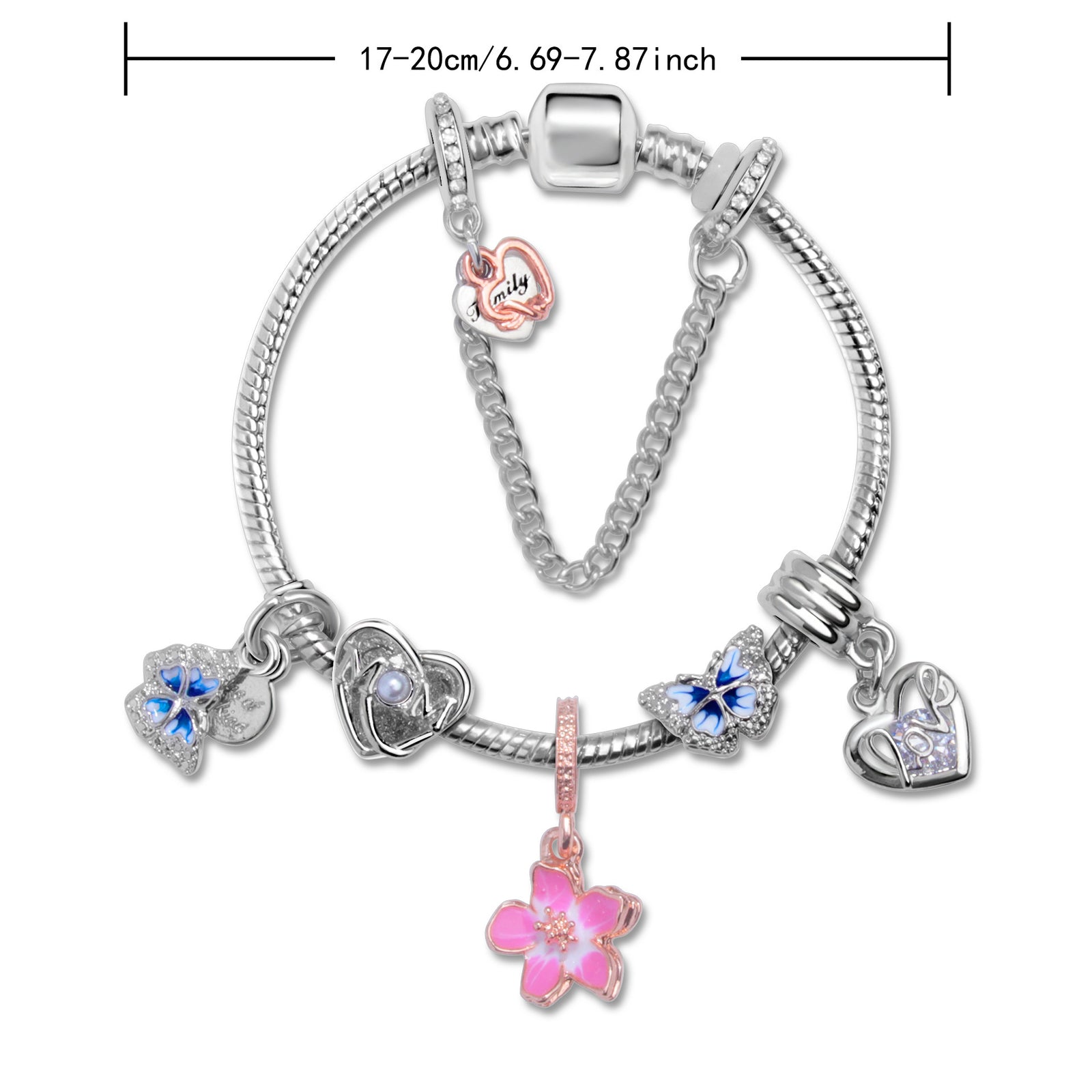 Blue Butterfly Glass Bead & Pink Flower Pendant Charm Bracelet(17cm)