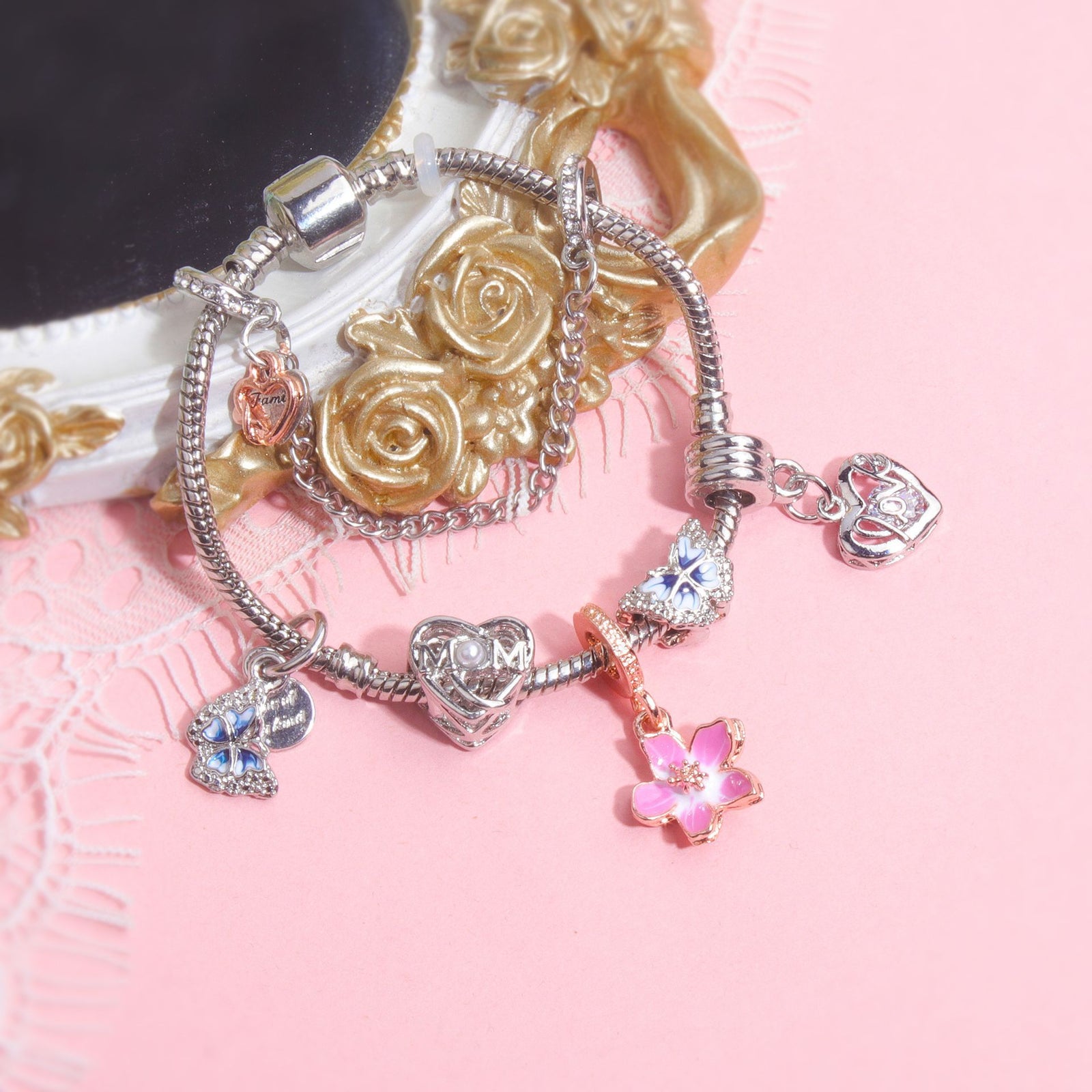 Blue Butterfly Glass Bead & Pink Flower Pendant Charm Bracelet(17cm)