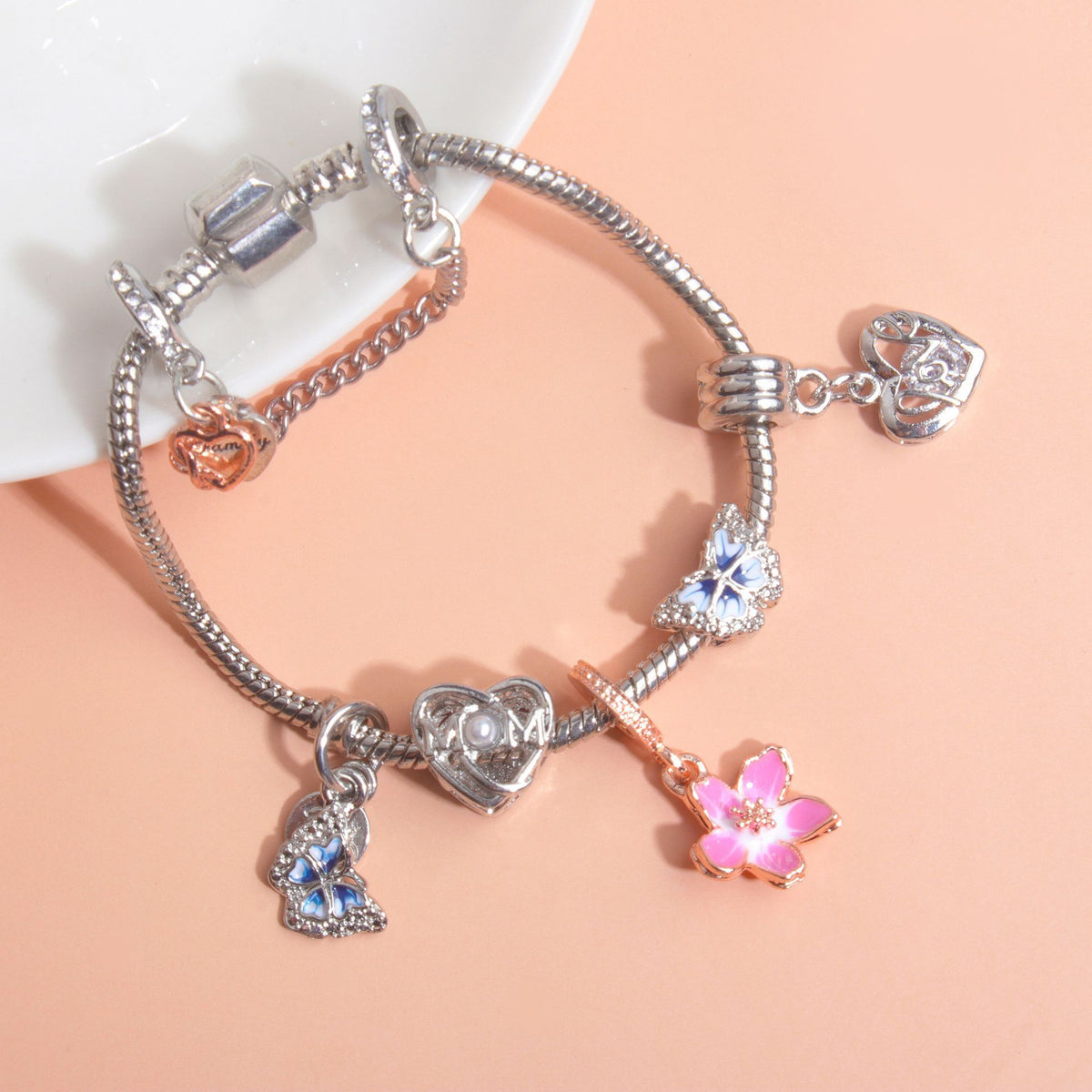 Blue Butterfly Glass Bead & Pink Flower Pendant Charm Bracelet(18cm)