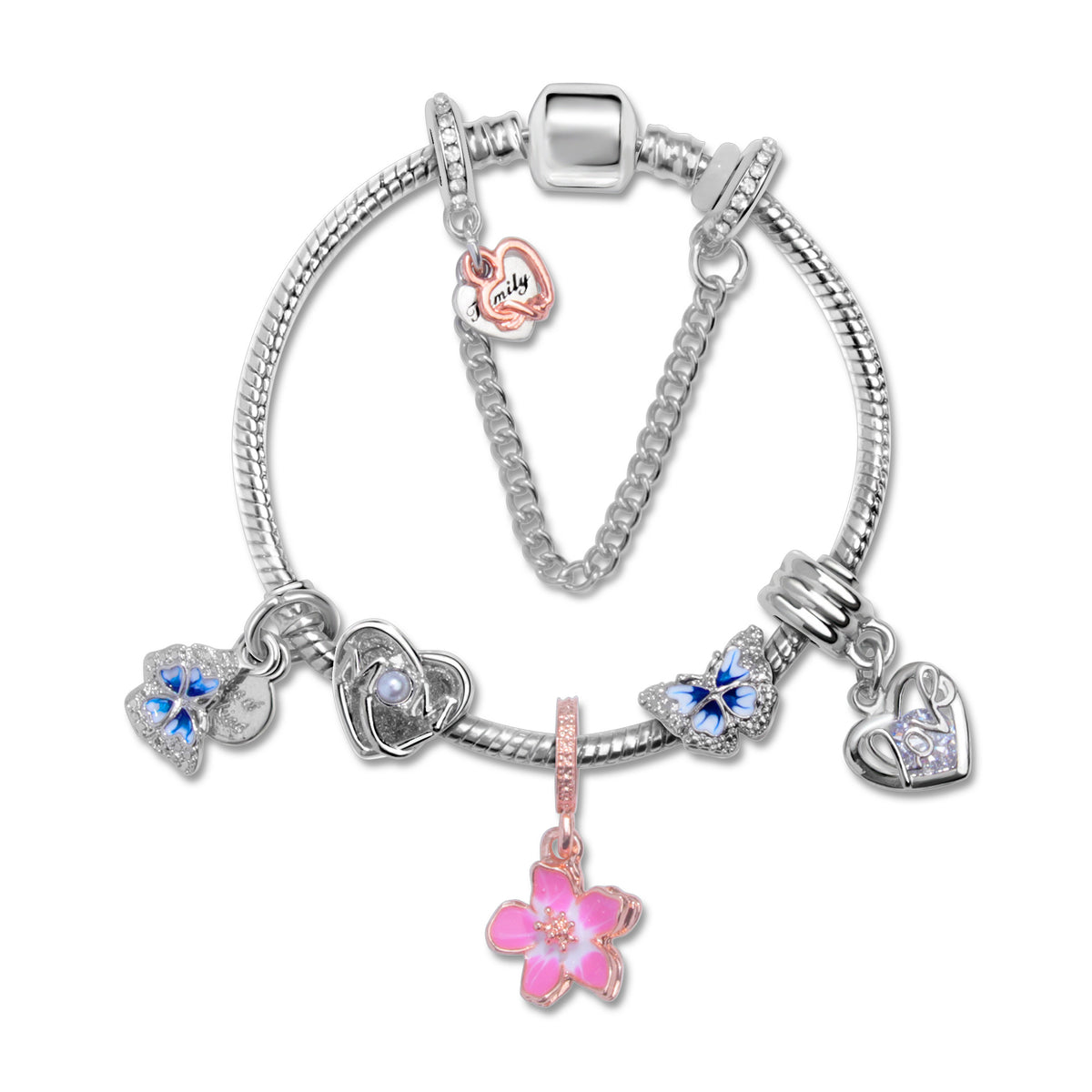 Blue Butterfly Glass Bead &amp; Pink Flower Pendant Charm Bracelet(19cm)