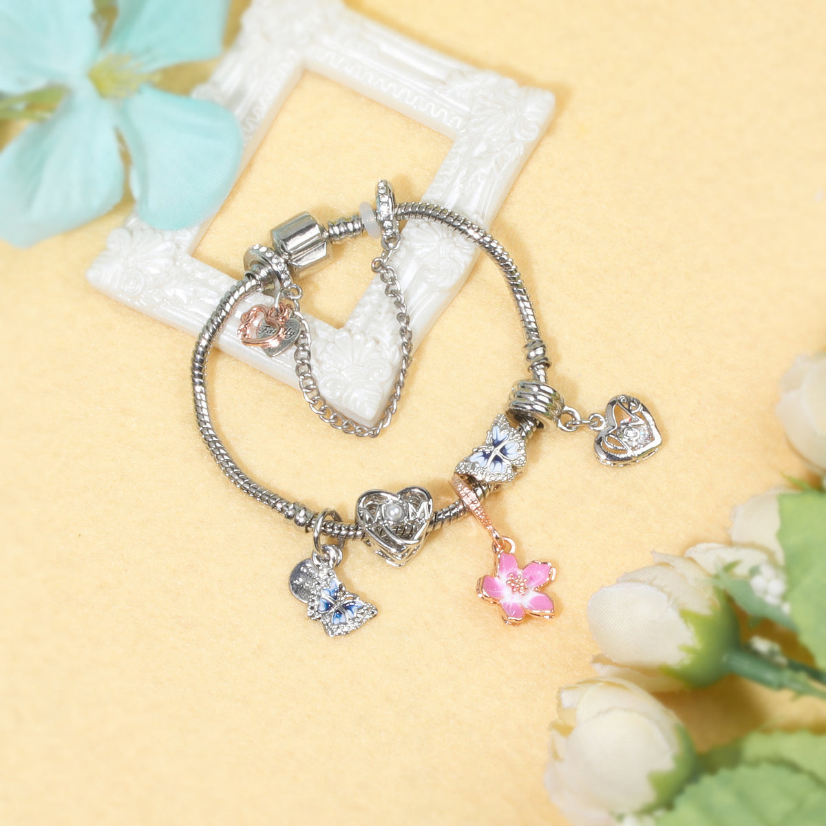 Blue Butterfly Glass Bead & Pink Flower Pendant Charm Bracelet(19cm)