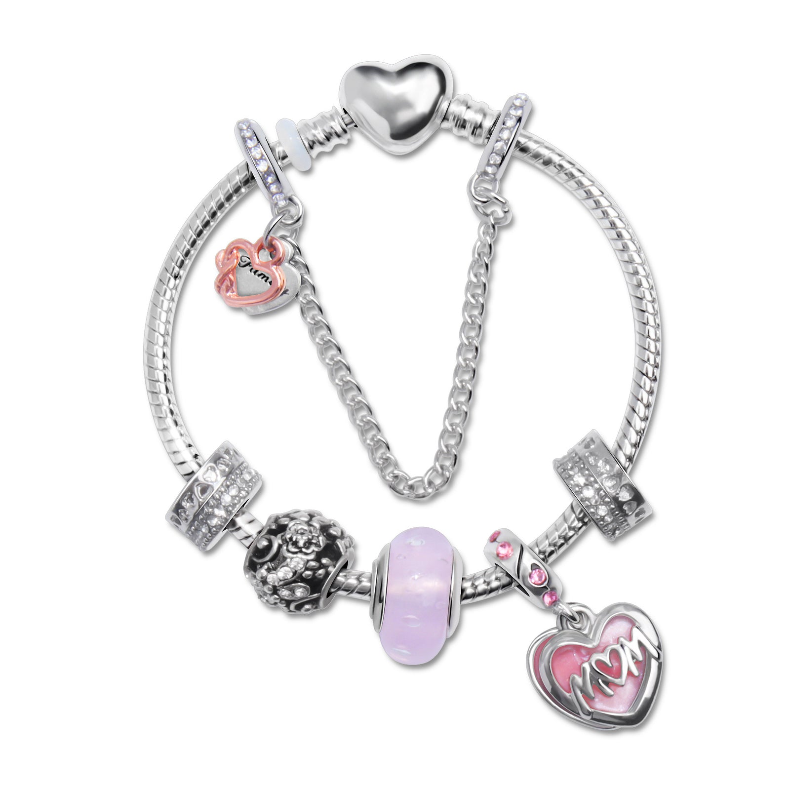 Heart Charm Beaded Bracelet with Crystals(17cm)